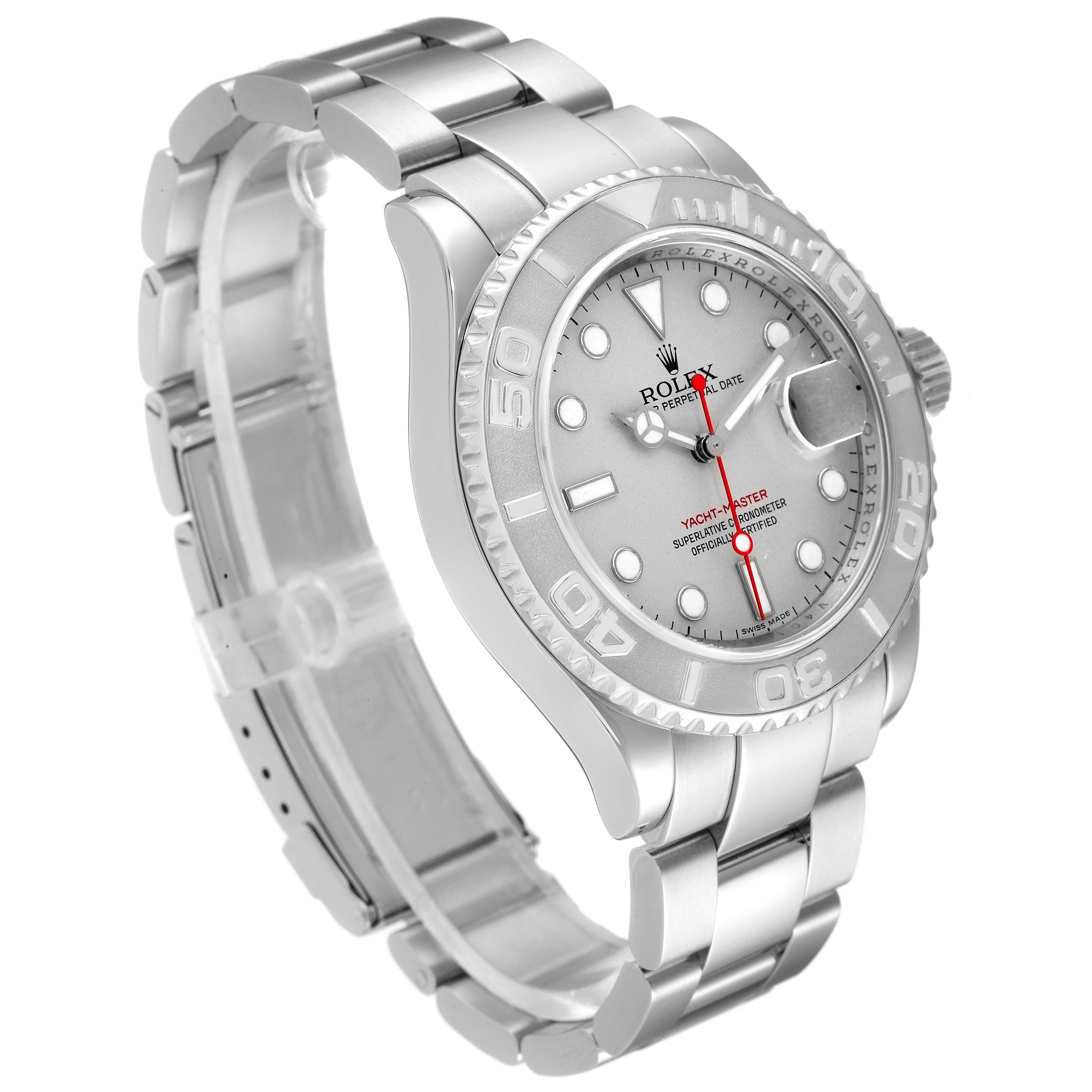 The Rolex Yacht-Master 16622 Men
s Stainless Steel Silver Dial 16622 Men
s Stainless Steel Silver Dial watch is shown at a slight angle, displaying the face, bezel, crown, and part of the bracelet.