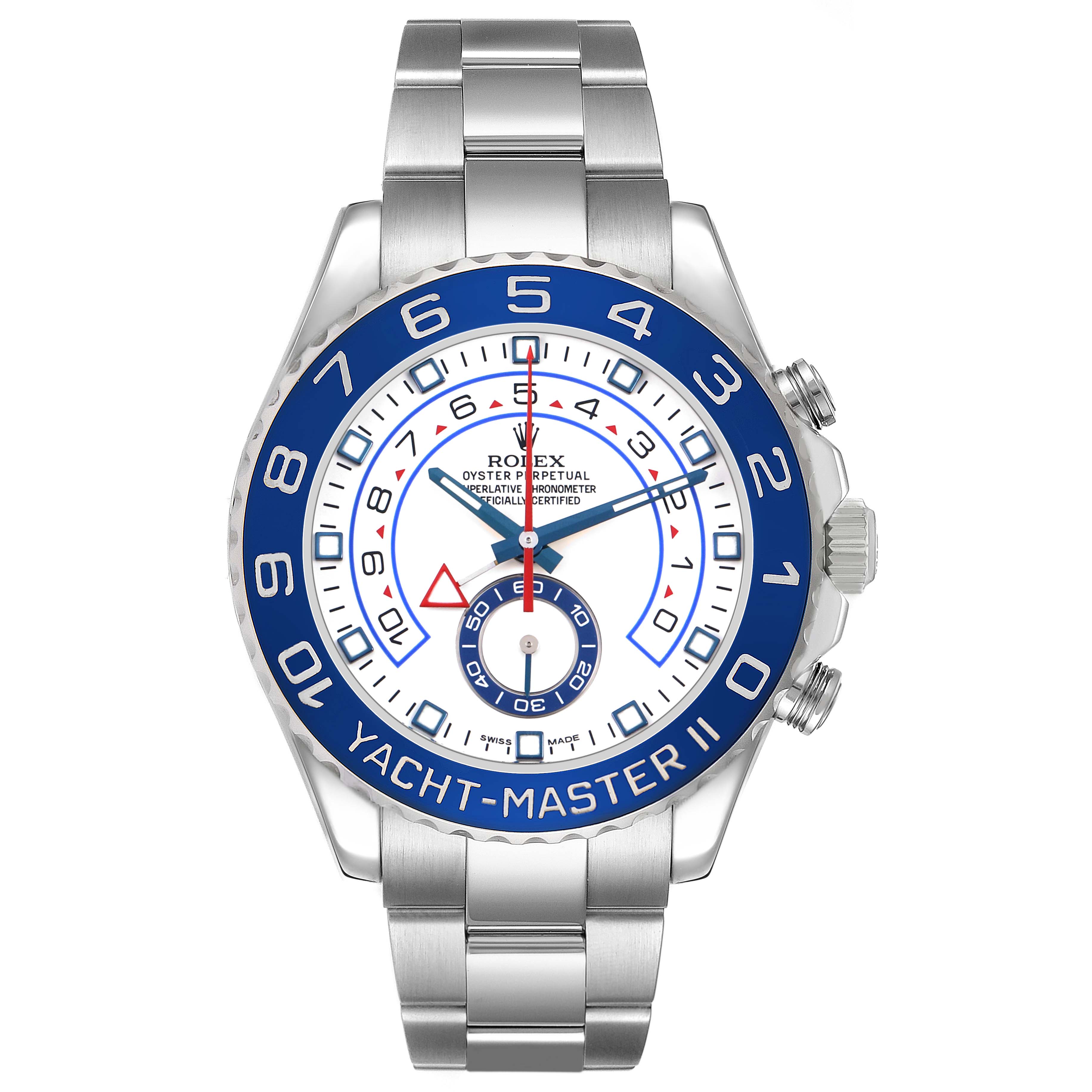 The Rolex Yacht-Master 116680 Men's Stainless Steel White Dial watch is shown from a front angle, highlighting the face, bezel, and bracelet.