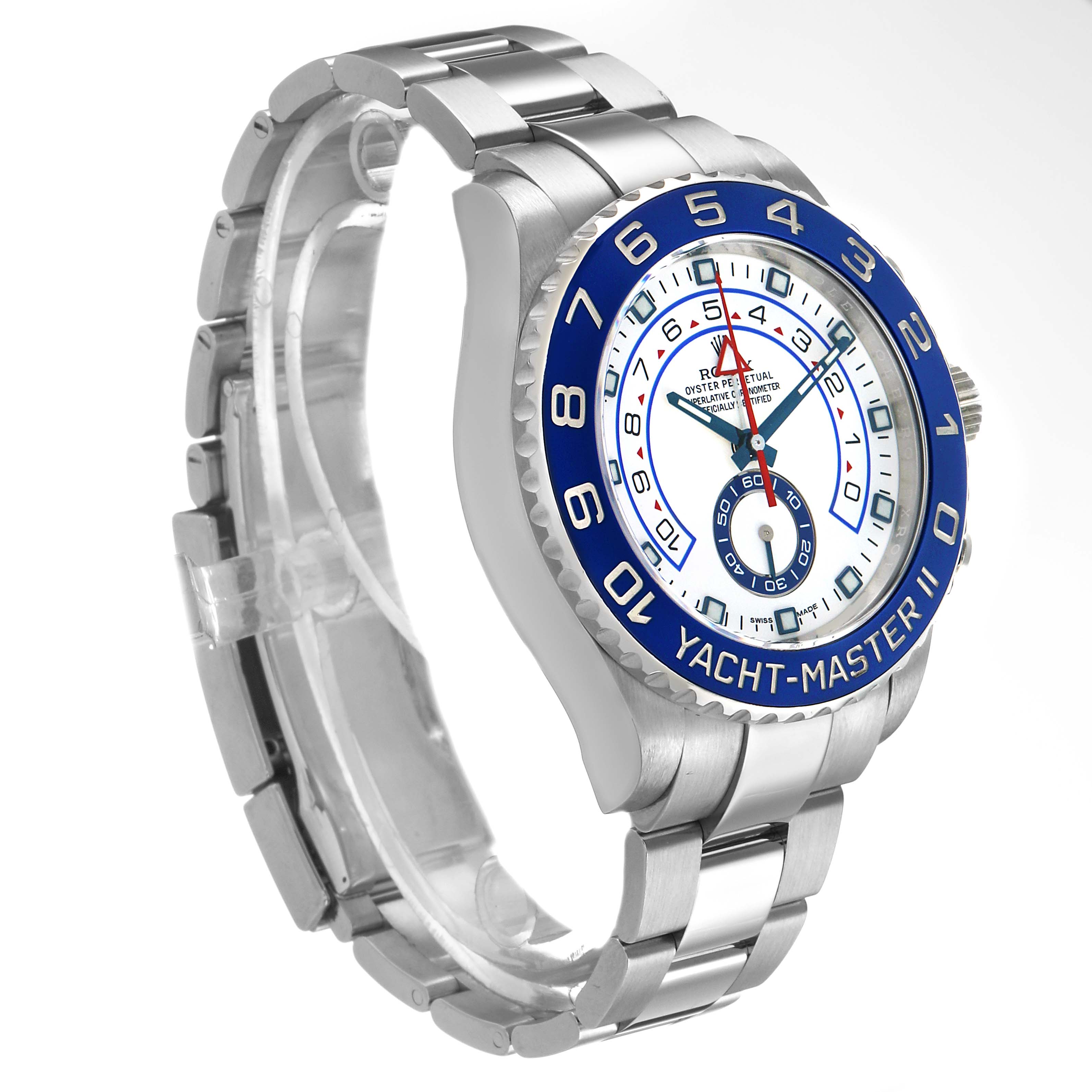 The Rolex Yacht-Master 116680 Men's Stainless Steel White Dial II is shown at a three-quarter angle, displaying the face, bezel, and bracelet.