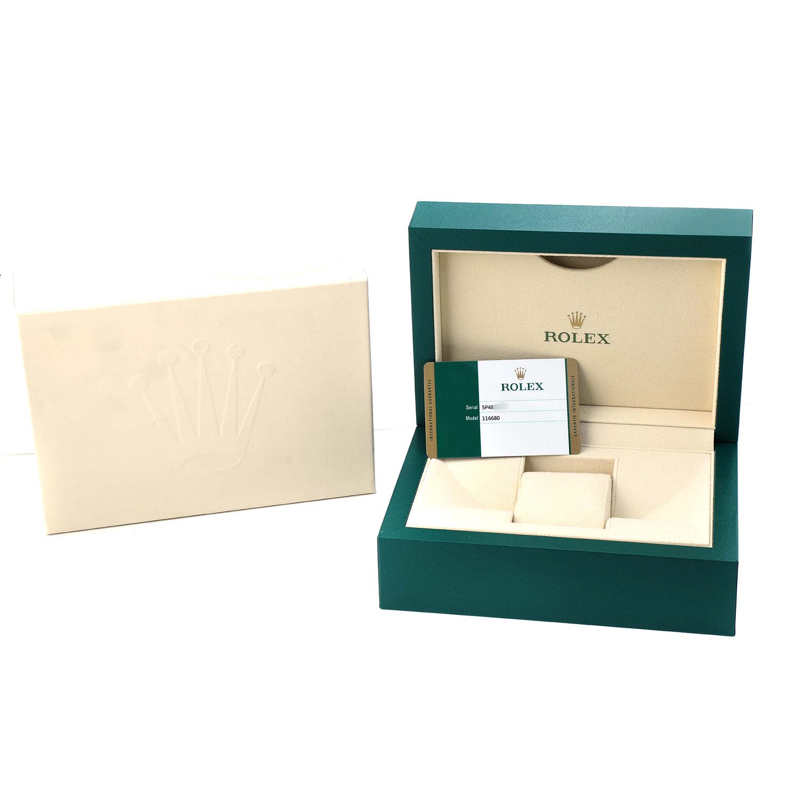 The image shows a Rolex Yacht-Master 116680 Men's Stainless Steel White Dial watch box with warranty card, displayed open at a slight angle.