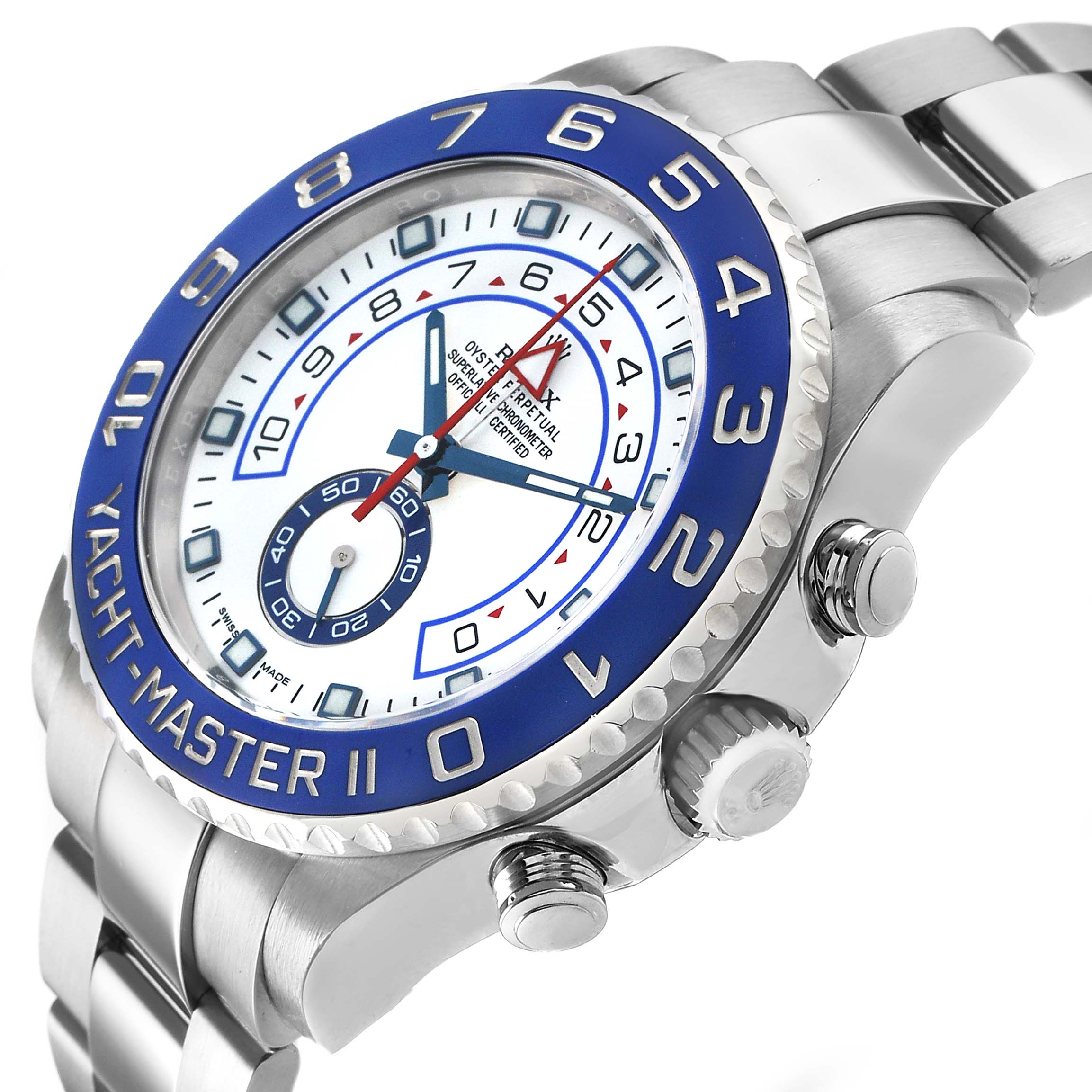 The Rolex Yacht-Master 116680 Men's Stainless Steel White Dial model is shown at a side angle, highlighting the bezel, crown, push buttons, and stainless steel bracelet.