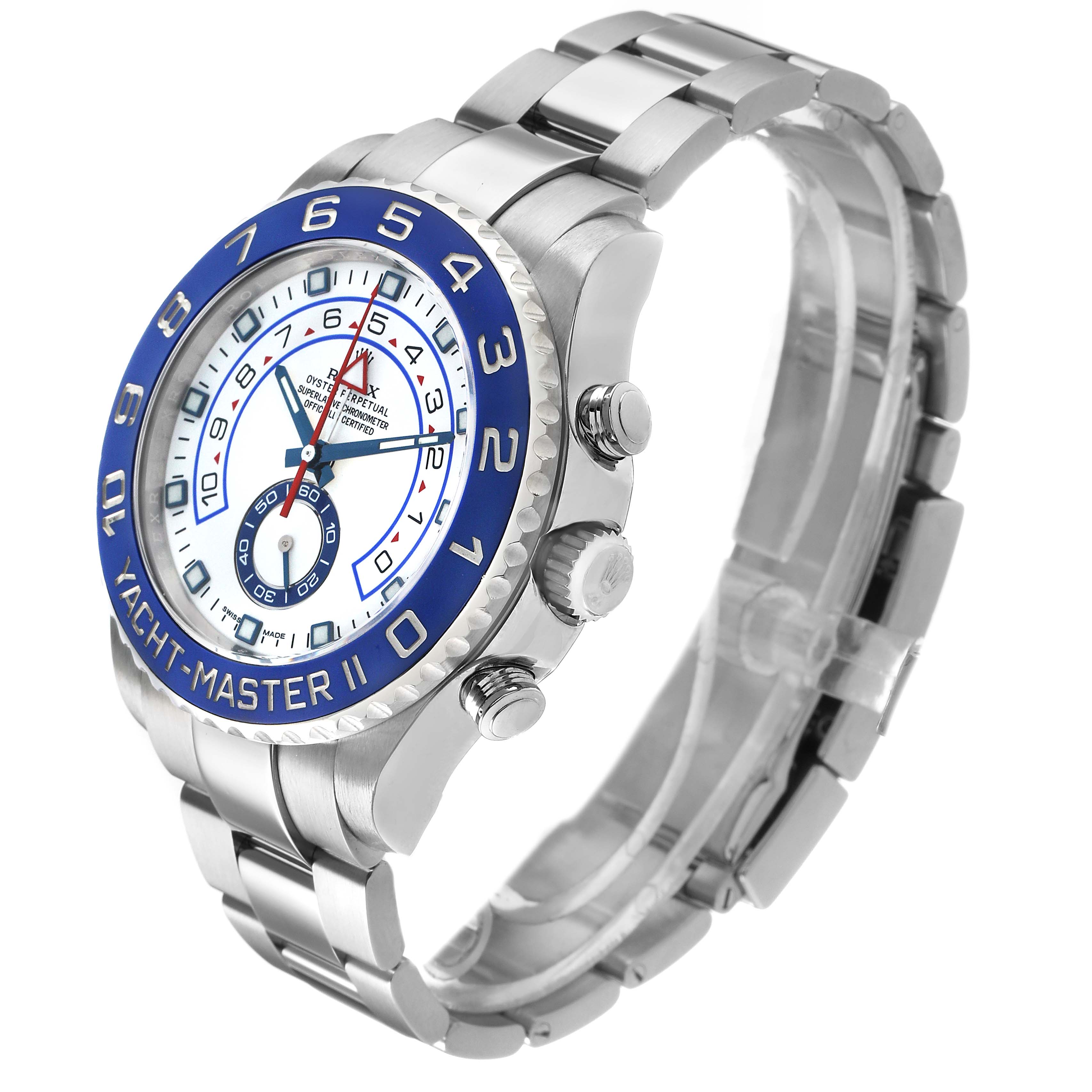 The Rolex Yacht-Master 116680 Men's Stainless Steel White Dial II is shown at a three-quarter angle, highlighting the bezel, face, crown, and bracelet.