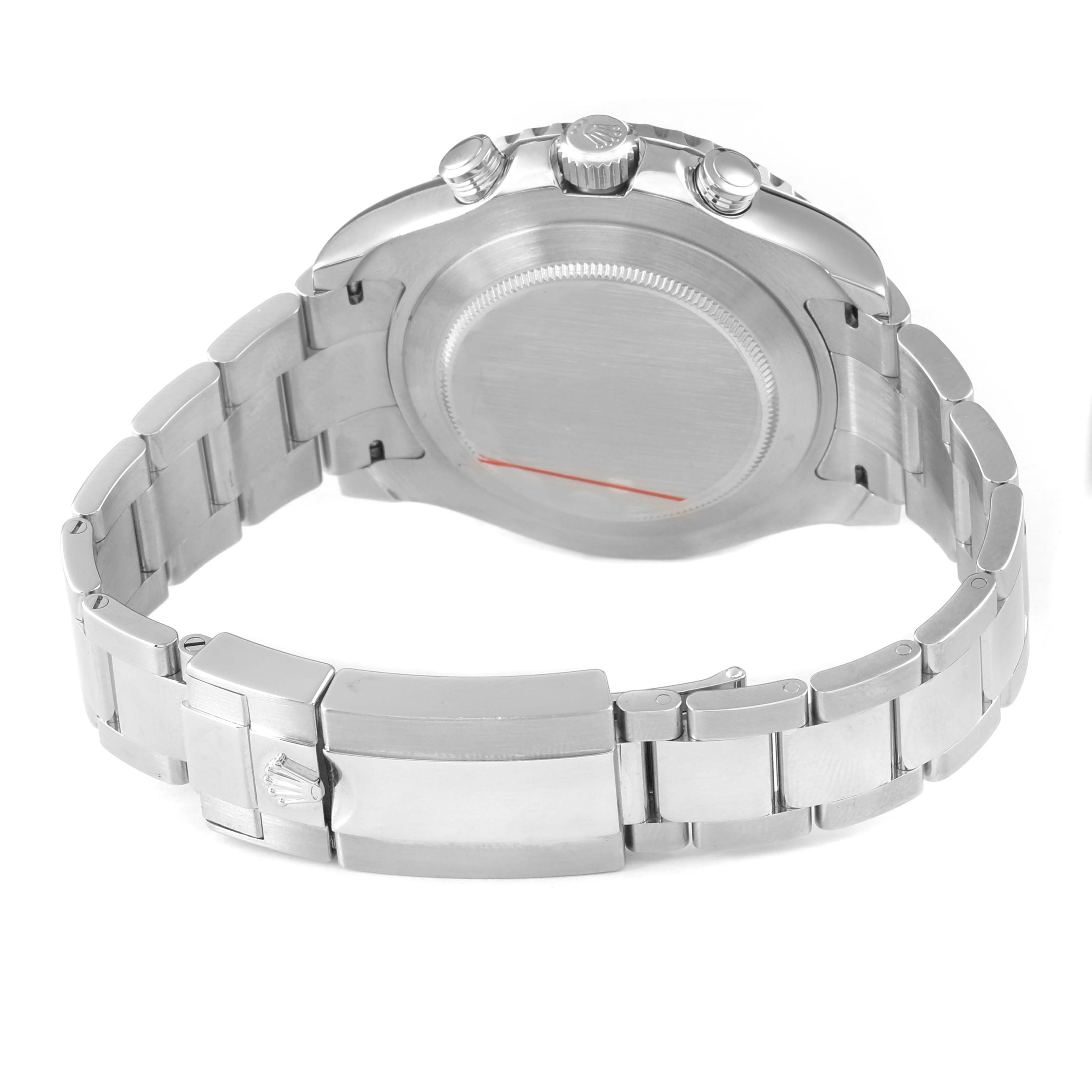 The image shows the back and side view of a Rolex Yacht-Master 116680 Men's Stainless Steel White Dial, highlighting the case back, crown, and metal bracelet.