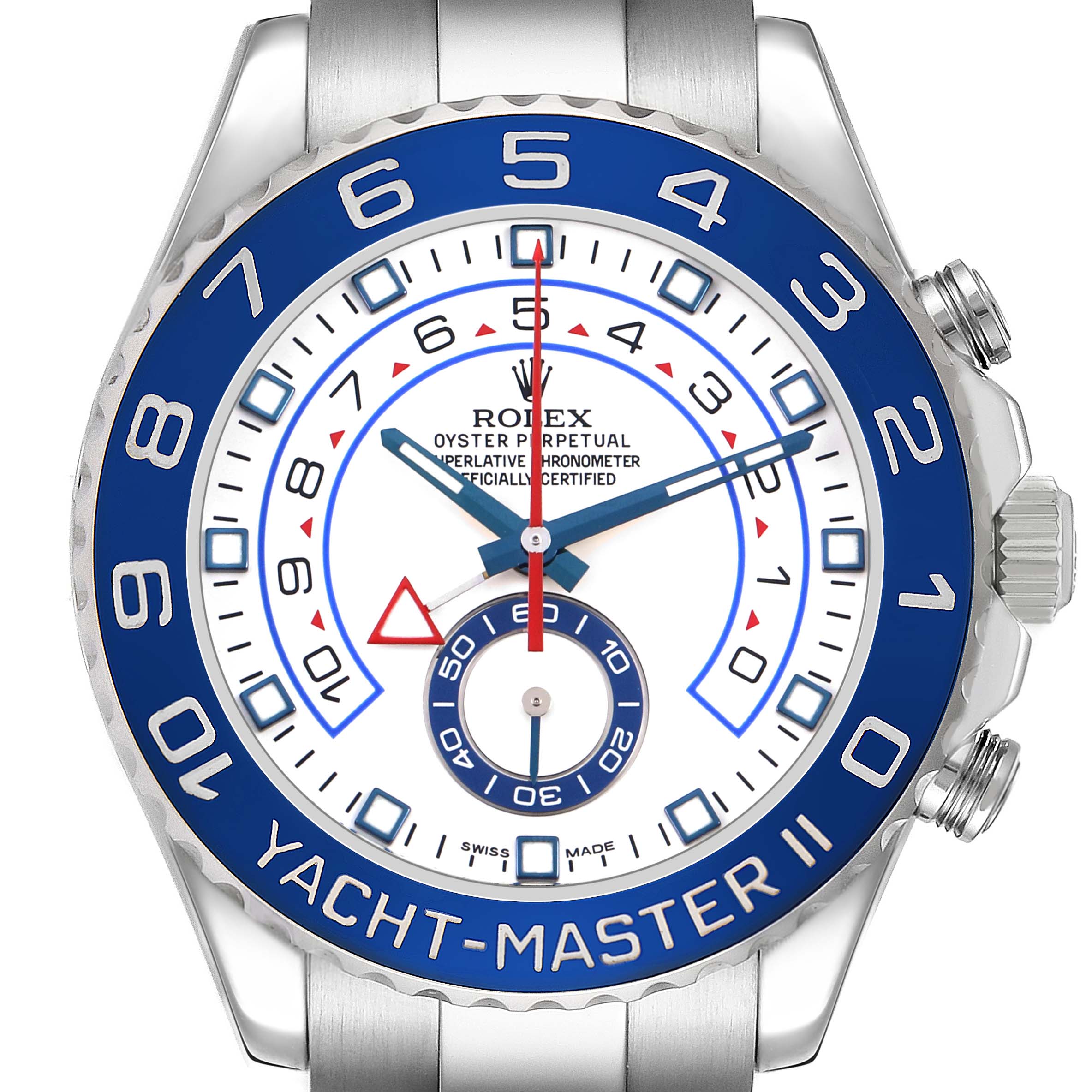 The image shows a Rolex Yacht-Master 116680 Men's Stainless Steel White Dial II watch face from a top-down angle, highlighting the bezel and dial details.