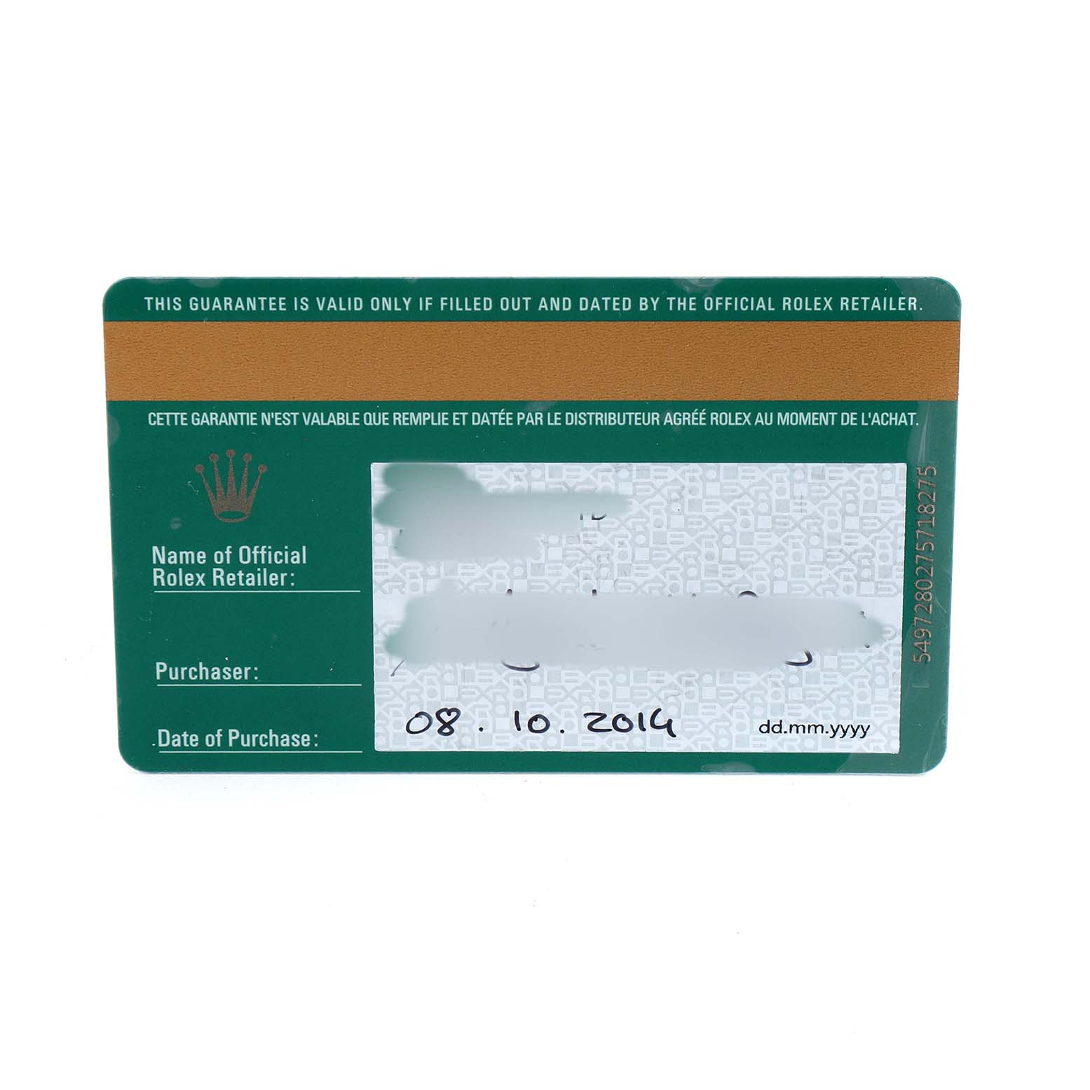 The image shows a warranty card for the Rolex Yacht-Master 116680 Men's Stainless Steel White Dial watch, displaying purchase details.