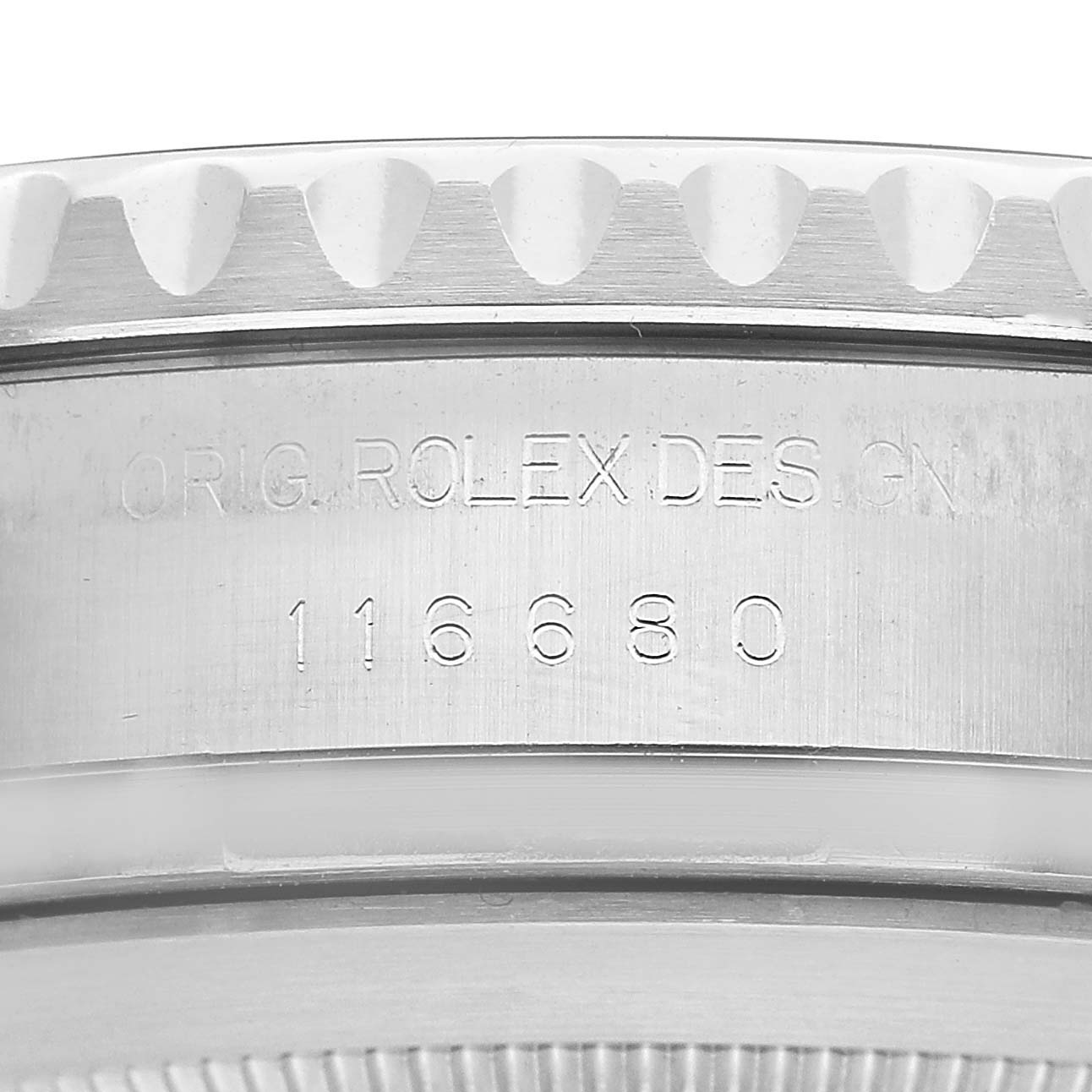 The image shows the side engraving and bezel of a Rolex Yacht-Master 116680 Men's Stainless Steel White Dial watch, with the model number "116680" visible.