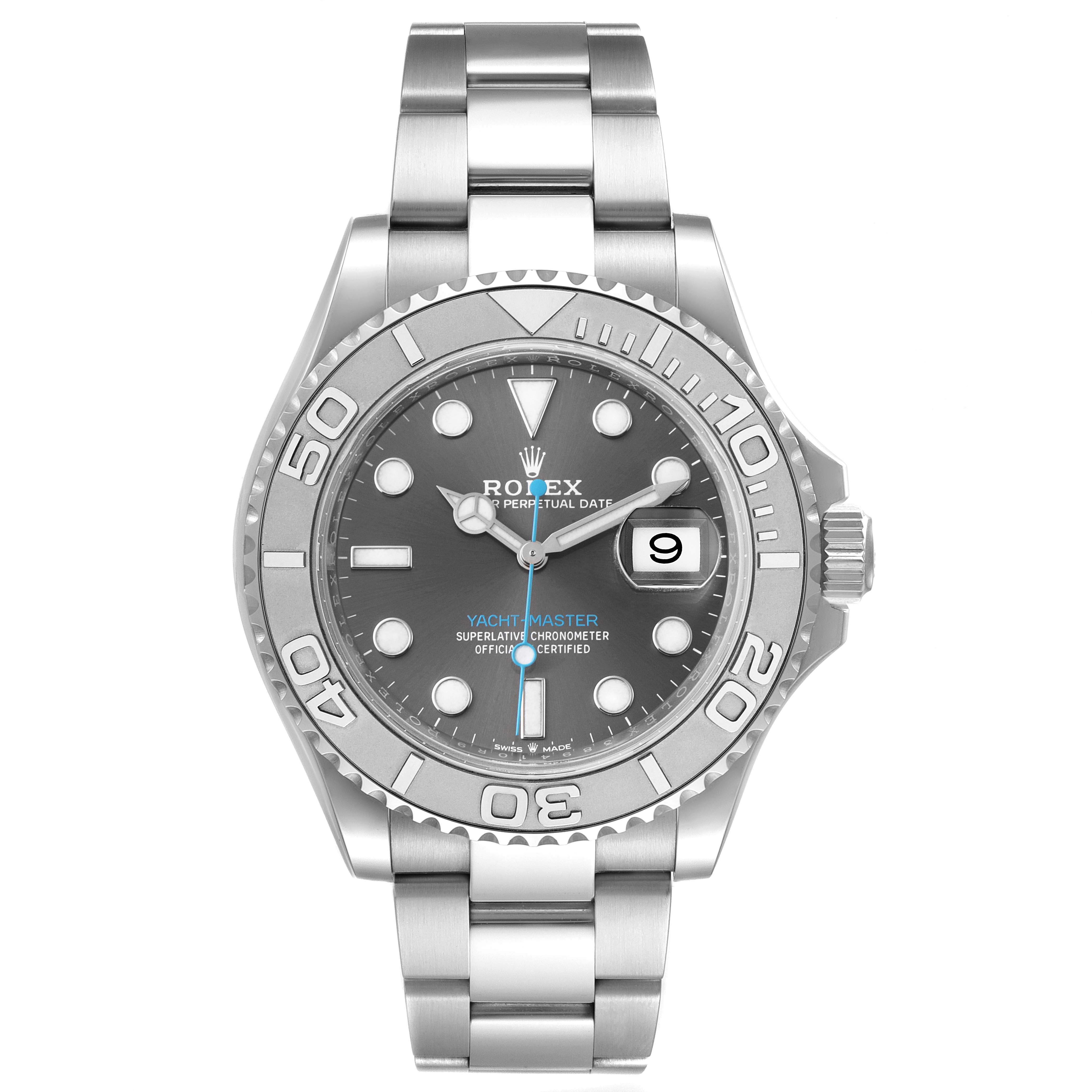 This image shows a front view of a Rolex Yacht-Master 126622 Men
s Stainless Steel Grey Dial 126622 Men
s Stainless Steel Grey Dial watch, displaying its face, dial, bezel, and stainless steel bracelet.