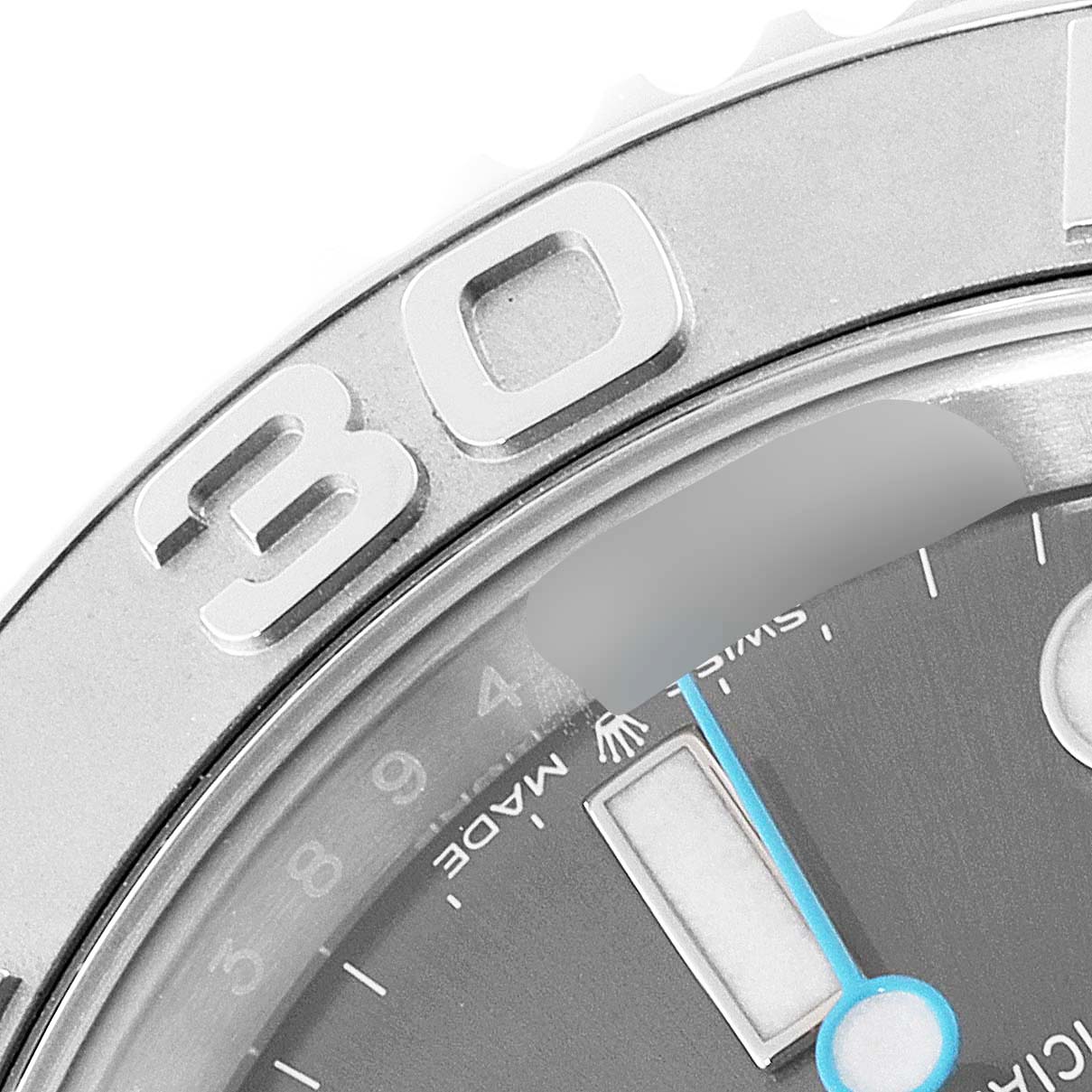This image shows a partial view of the bezel and dial of a Rolex Yacht-Master 126622 Men
s Stainless Steel Grey Dial 126622 Men
s Stainless Steel Grey Dial watch, focusing on the "30" mark.
