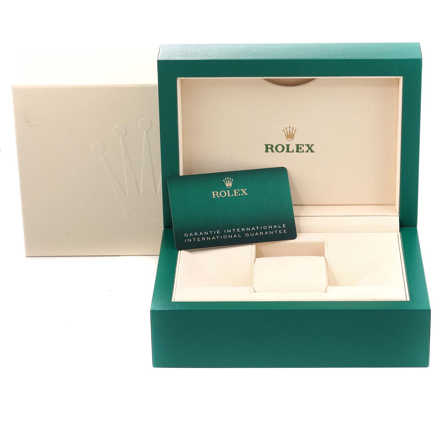 The image shows the open Rolex Yacht-Master 126622 Men
s Stainless Steel Grey Dial 126622 Men
s Stainless Steel Grey Dial watch box, its inner cushion, and the international guarantee card.