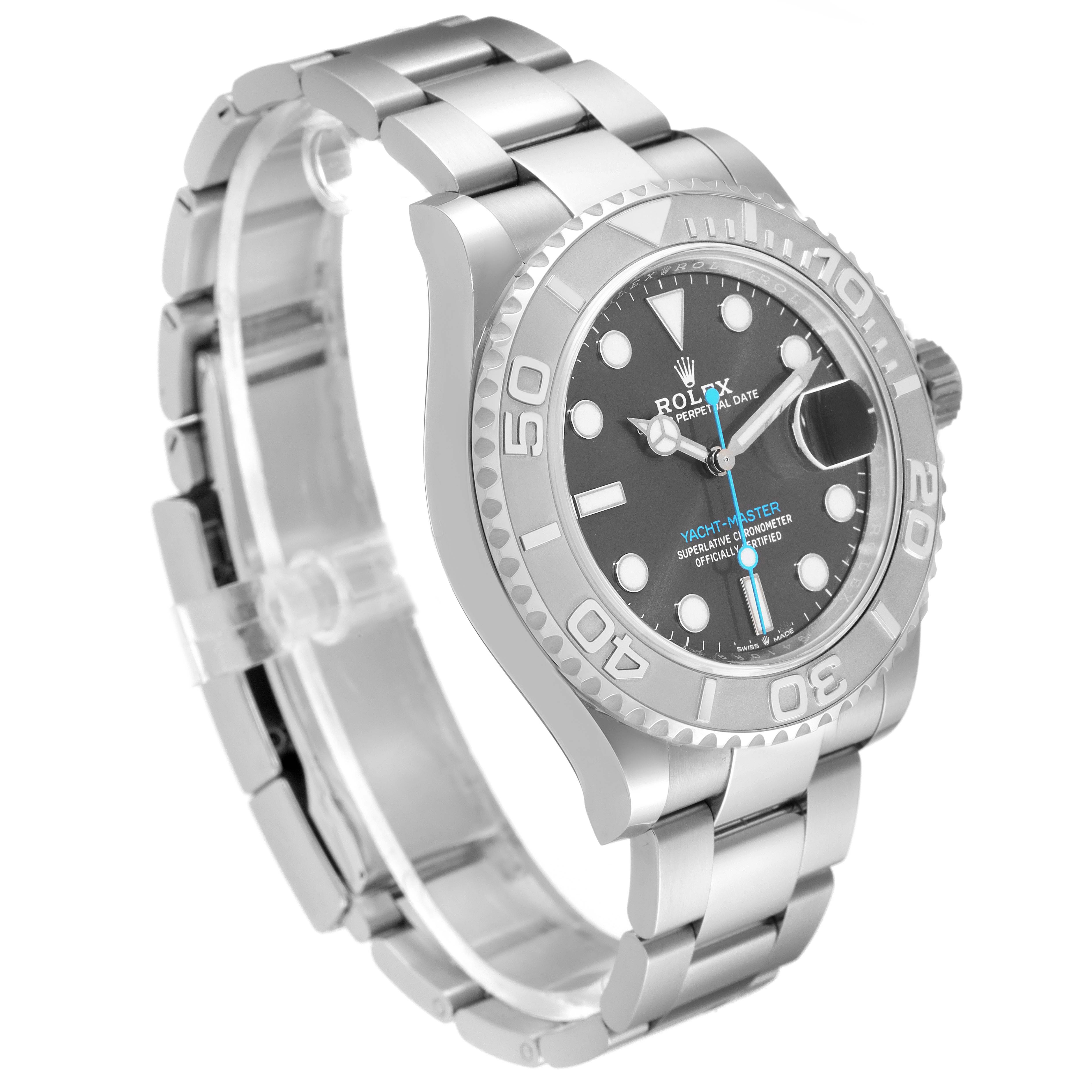 The Rolex Yacht-Master 126622 Men
s Stainless Steel Grey Dial 126622 Men
s Stainless Steel Grey Dial watch is shown from an angled side view, displaying the face, bezel, crown, and bracelet.