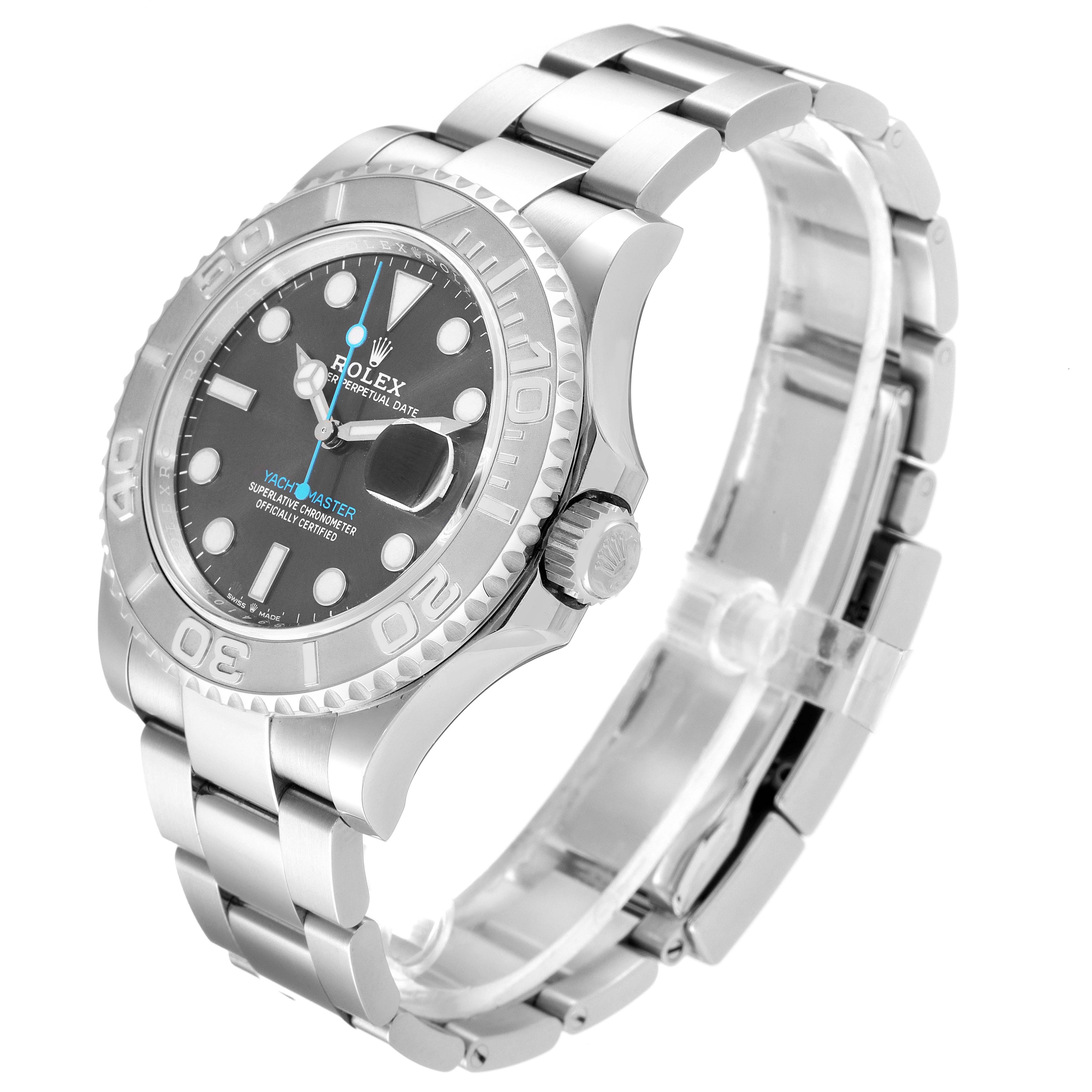 This Rolex Yacht-Master 126622 Men
s Stainless Steel Grey Dial 126622 Men
s Stainless Steel Grey Dial model watch is shown from a side angle highlighting the face, bezel, and part of the bracelet.