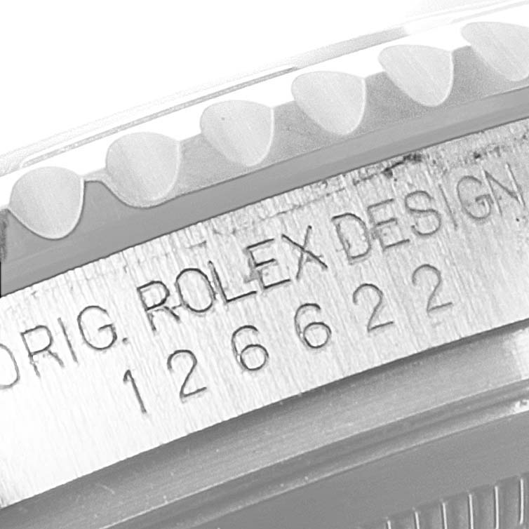 The image shows a close-up of the case side and bezel of a Rolex Yacht-Master 126622 Men
s Stainless Steel Grey Dial 126622 Men
s Stainless Steel Grey Dial watch, featuring its model number and "ROLEX DESIGN" engraving.