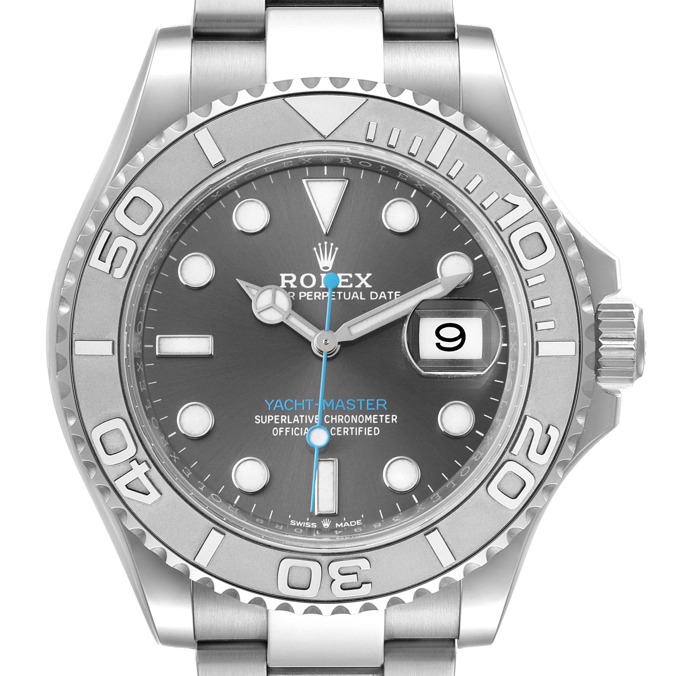 This image shows a frontal view of the Rolex Yacht-Master 126622 Men
s Stainless Steel Grey Dial 126622 Men
s Stainless Steel Grey Dial watch, highlighting the dial, bezel, and part of the bracelet.