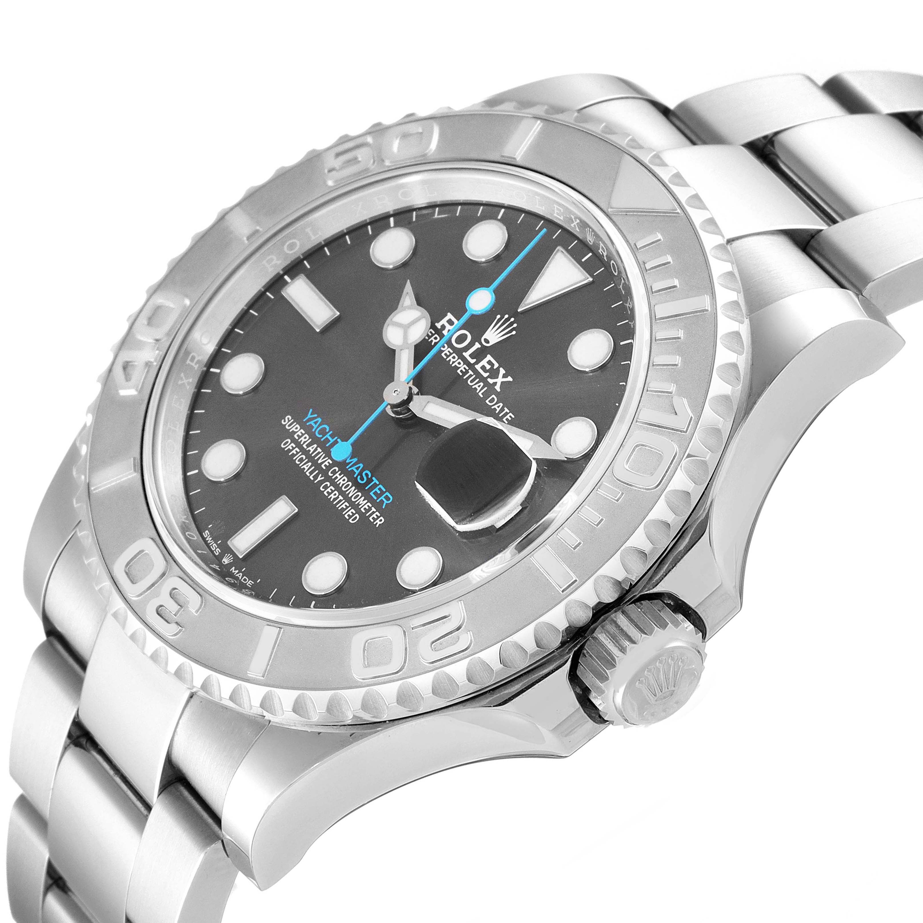 The image shows a side view of the Rolex Yacht-Master 126622 Men
s Stainless Steel Grey Dial 126622 Men
s Stainless Steel Grey Dial watch, highlighting the dial, bezel, and part of the bracelet.