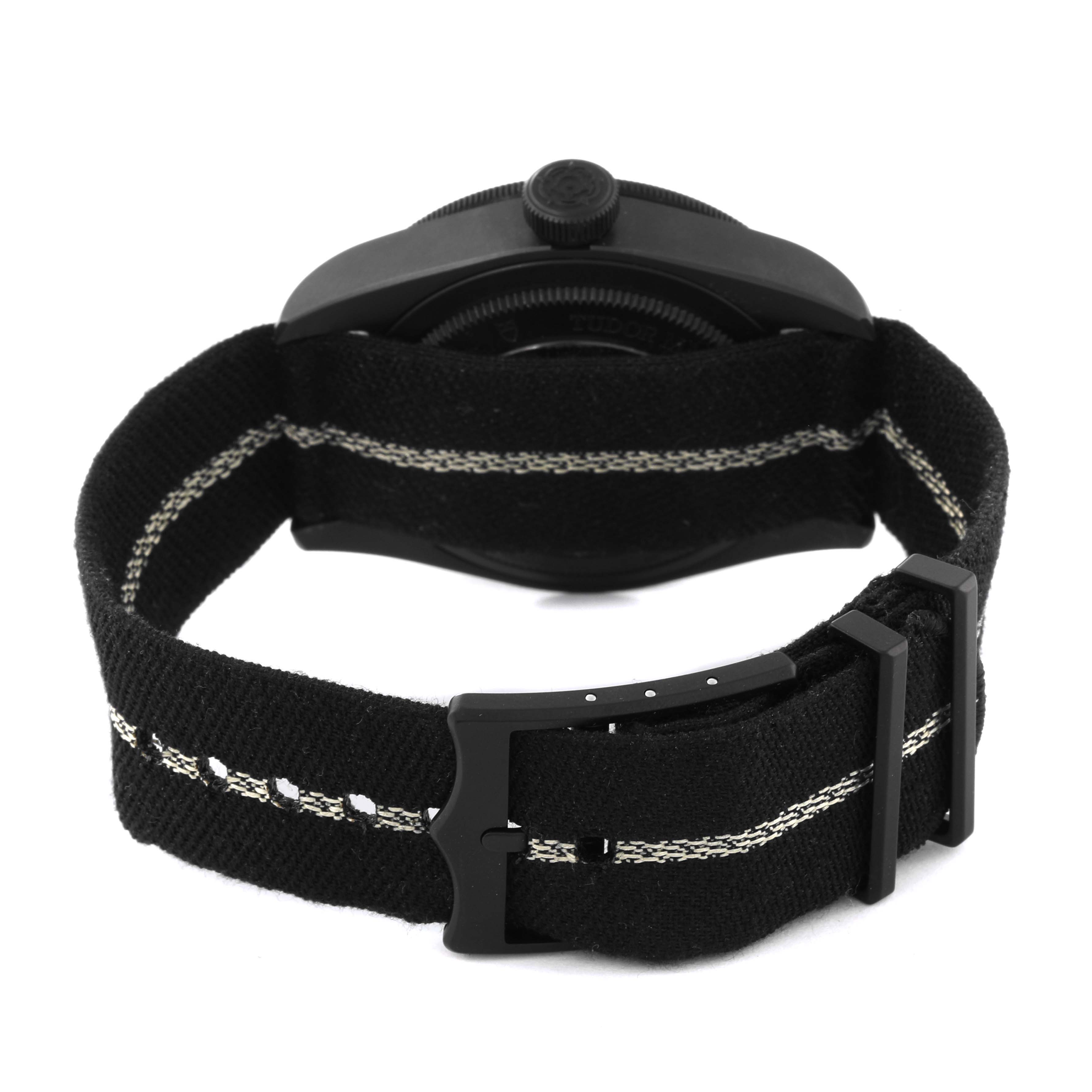 This image shows the back view of a Tudor Heritage Black Bay 79210CNU Men's Ceramic Black Dial 79210CNU Men's Ceramic Black Dial watch, highlighting the strap and buckle.