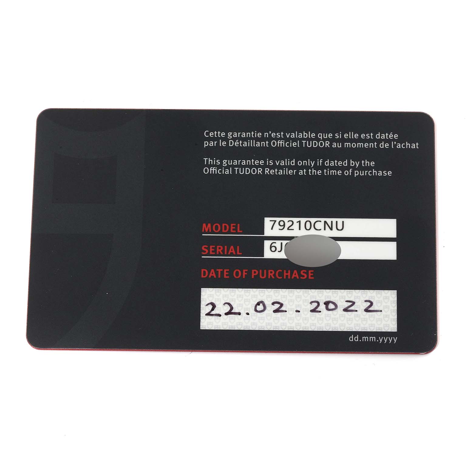 This is a warranty card for the Tudor Heritage Black Bay 79210CNU Men's Ceramic Black Dial 79210CNU Men's Ceramic Black Dial model with fields for model, serial number, and date of purchase.