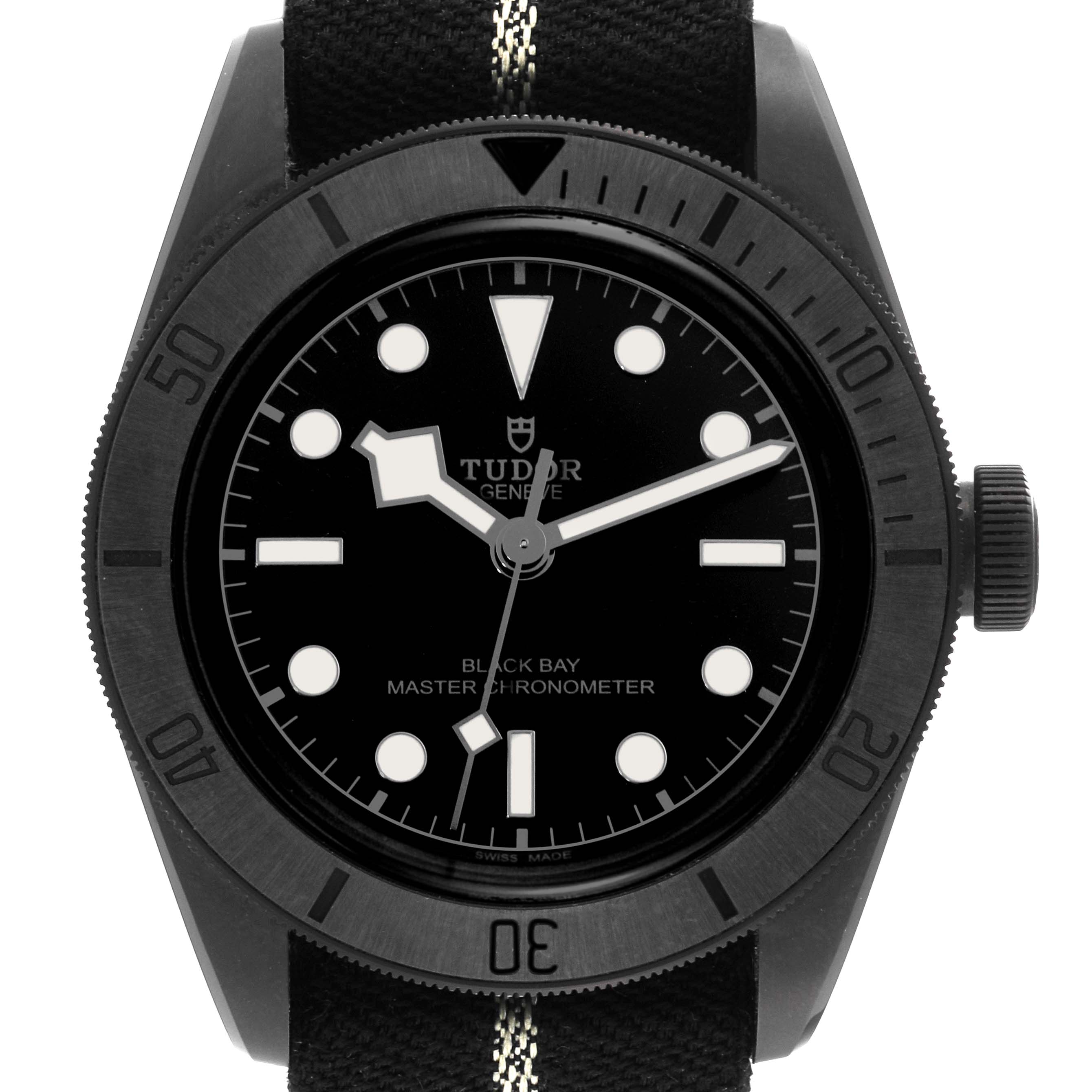 The image shows a front view of a Tudor Heritage Black Bay 79210CNU Men's Ceramic Black Dial 79210CNU Men's Ceramic Black Dial watch, highlighting its dial, bezel, and strap.