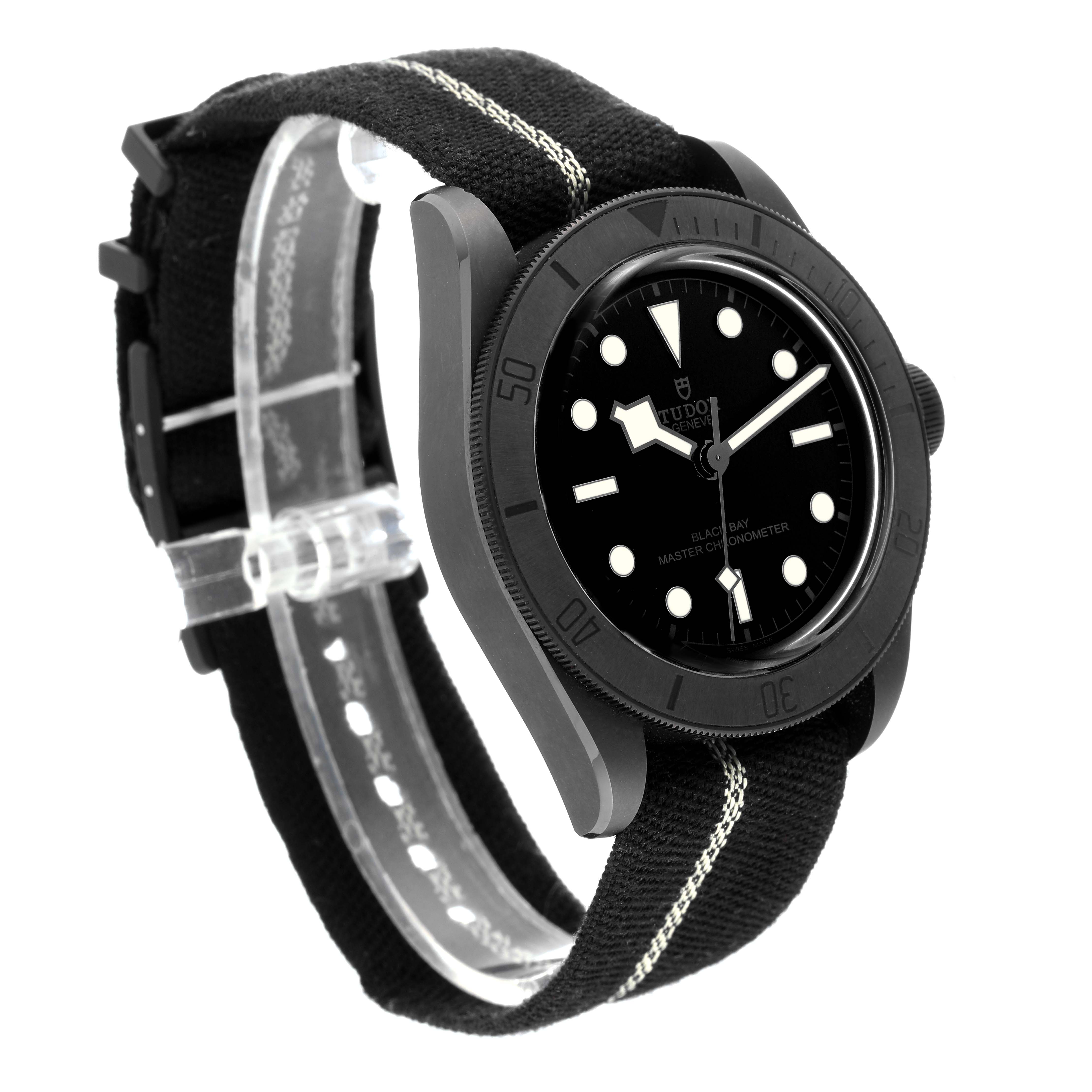 The image shows a Tudor Heritage Black Bay 79210CNU Men's Ceramic Black Dial 79210CNU Men's Ceramic Black Dial watch angled from the front-left, displaying its case and NATO strap.