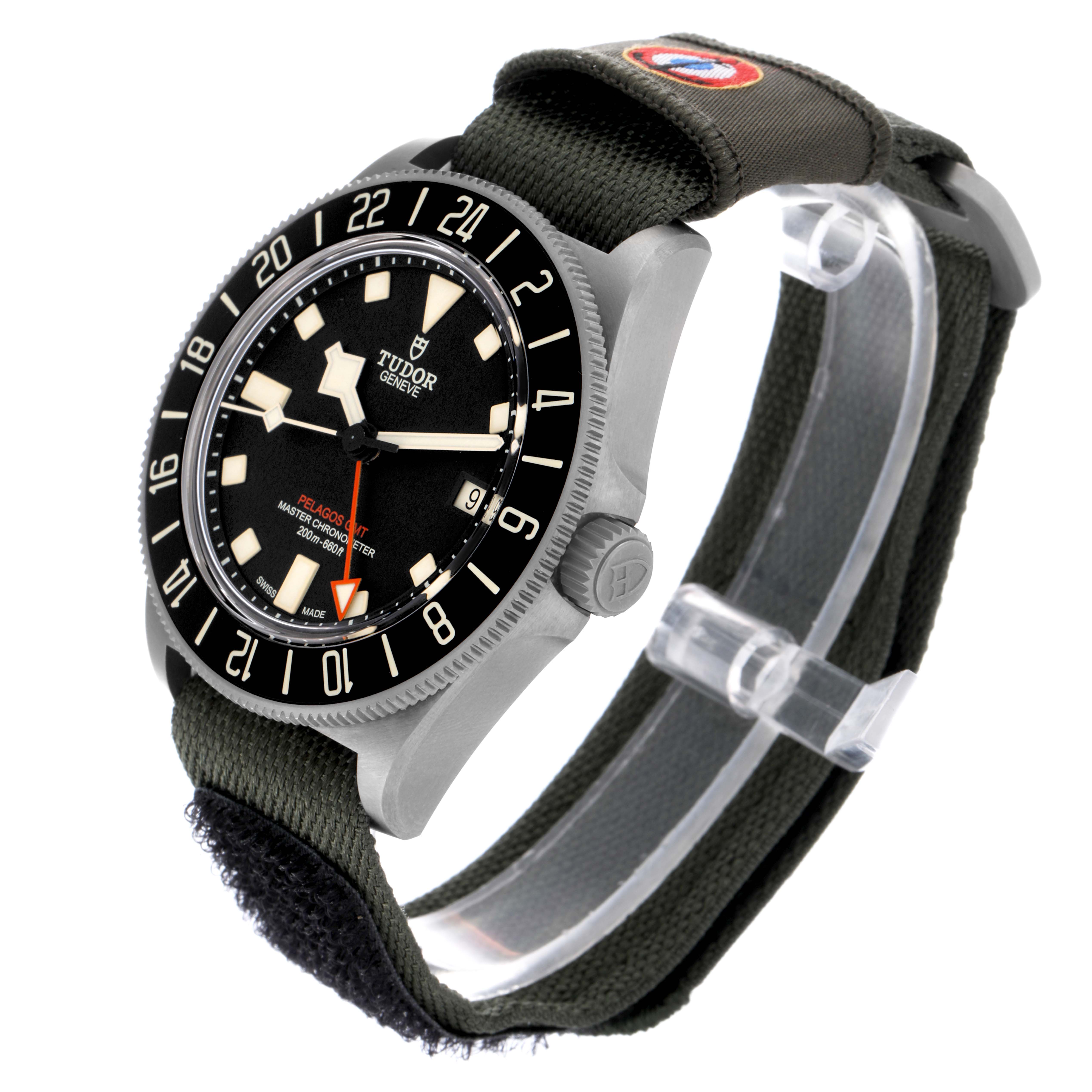 The Tudor Pelagos 2542G247NU-0001 Men
s Titanium Black Dial 2542G247NU-0001 Men
s Titanium Black Dial watch is shown at an angled side view highlighting the dial, bezel, and strap.