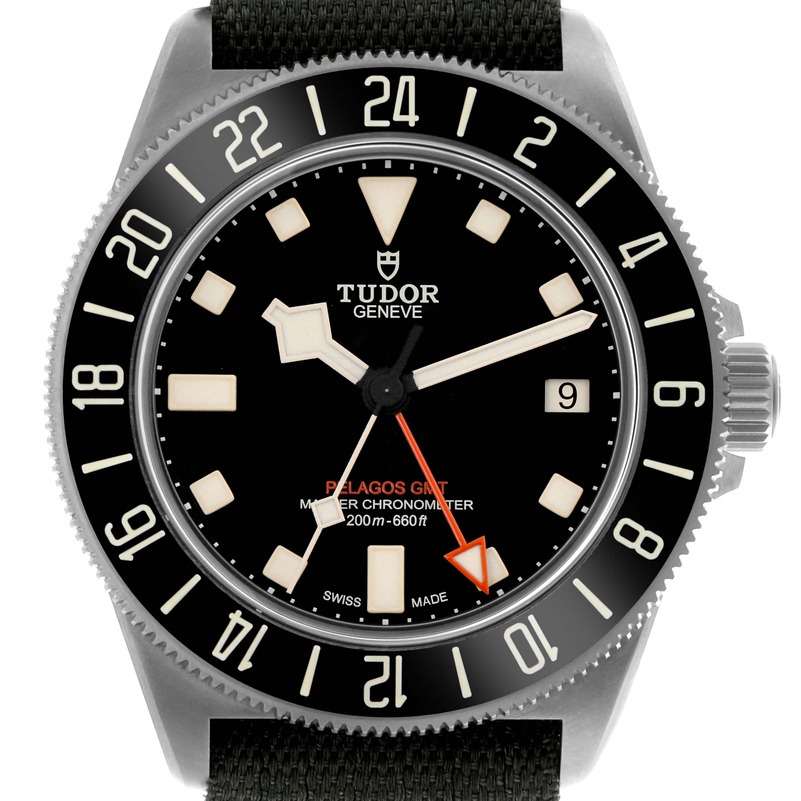 The image shows a Tudor Pelagos 2542G247NU-0001 Men
s Titanium Black Dial 2542G247NU-0001 Men
s Titanium Black Dial watch face from a front angle, displaying the dial, hands, date window, and bezel.