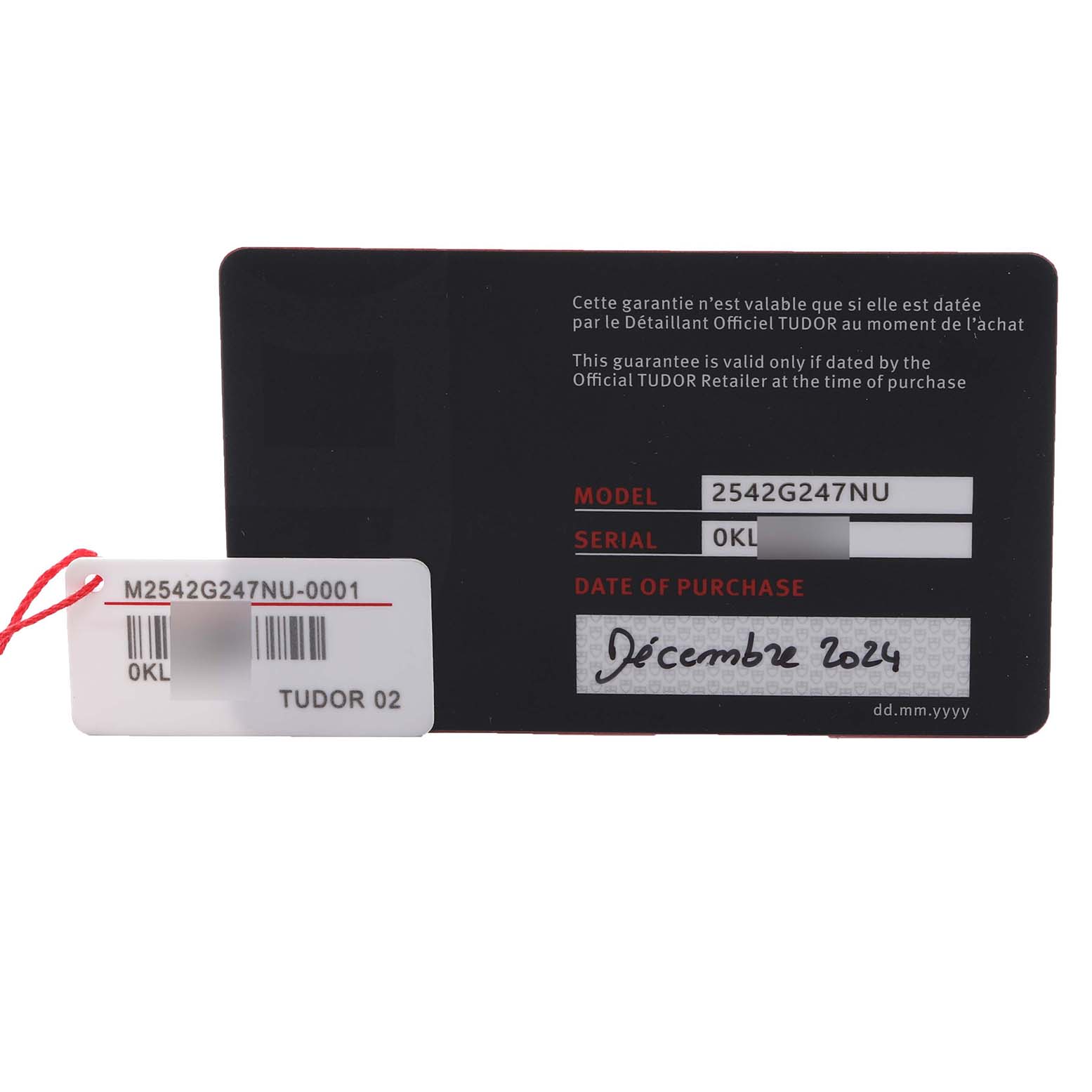 The image shows warranty and serial cards for the Tudor Pelagos 2542G247NU-0001 Men
s Titanium Black Dial 2542G247NU-0001 Men
s Titanium Black Dial watch model.