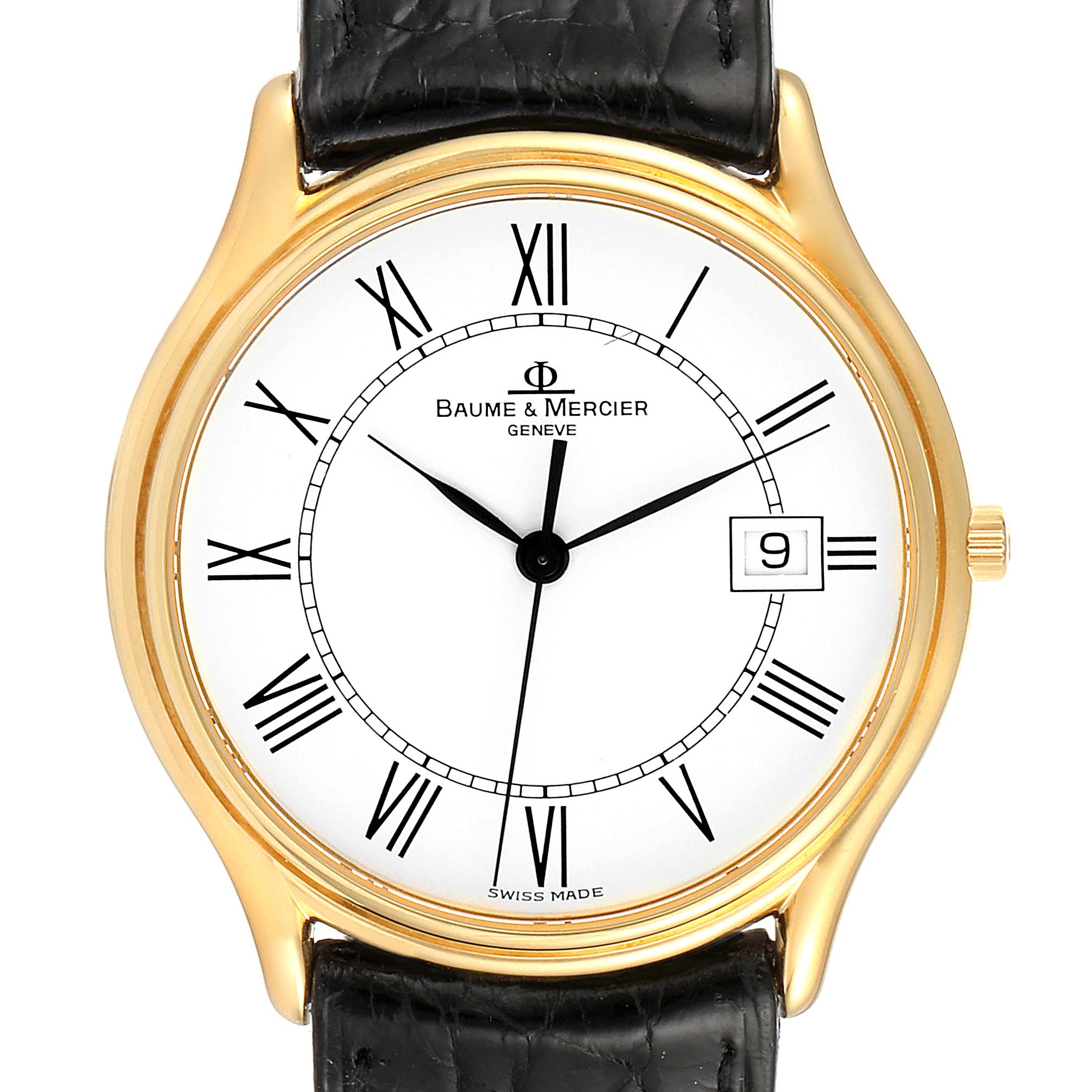 This image shows a front view of a Baume & Mercier Classima MV045236 Men's Yellow Gold White Dial MV045236 Men's Yellow Gold White Dial watch with a white dial, Roman numerals, gold case, and black leather strap.