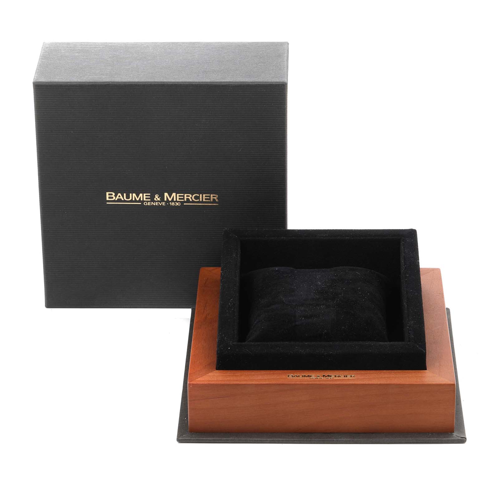 The image shows the packaging for the Baume & Mercier Classima MV045236 Men's Yellow Gold White Dial MV045236 Men's Yellow Gold White Dial watch, including an outer box and inner wooden box with a cushion.