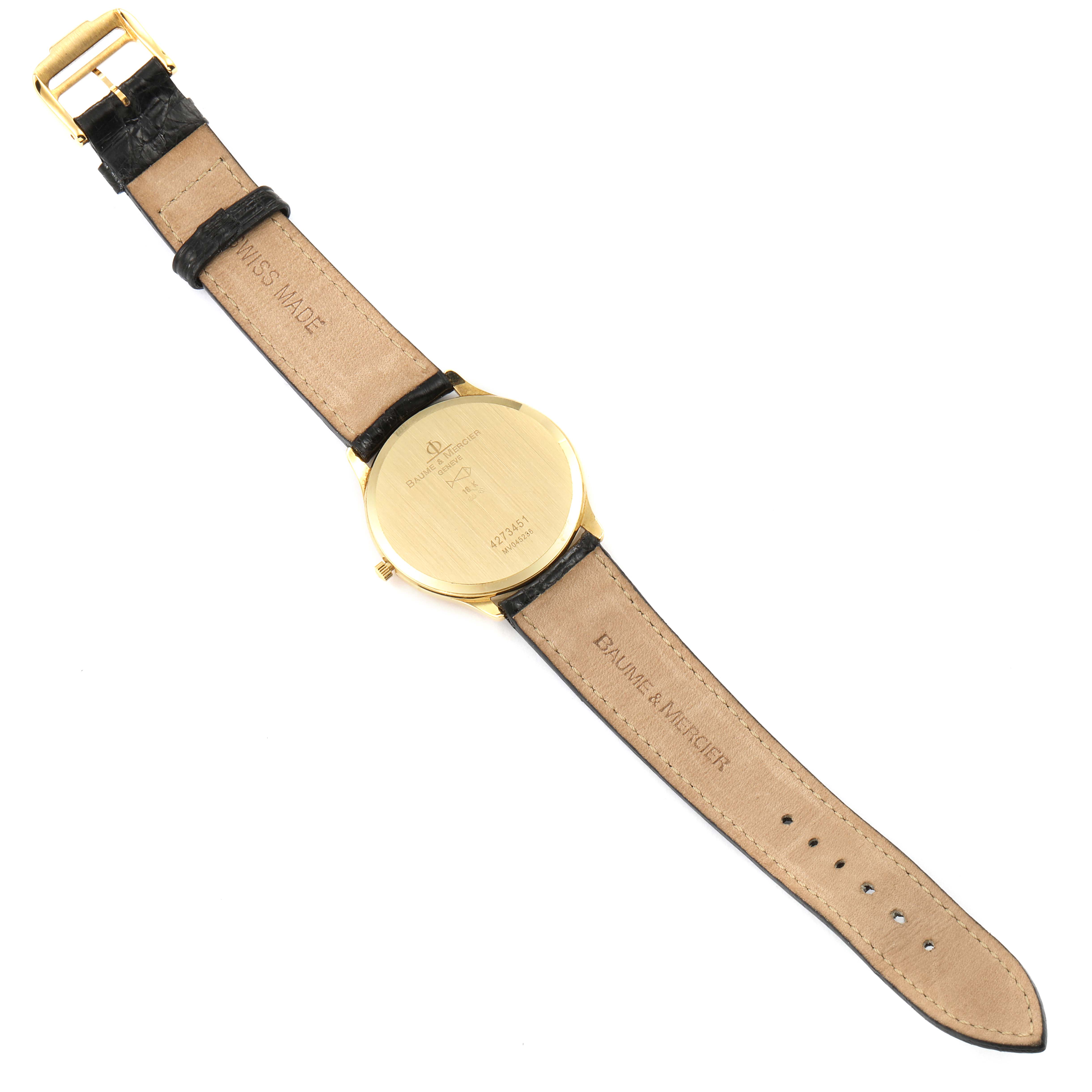 The image shows the back and strap of a Classima watch by Baume & Mercier.