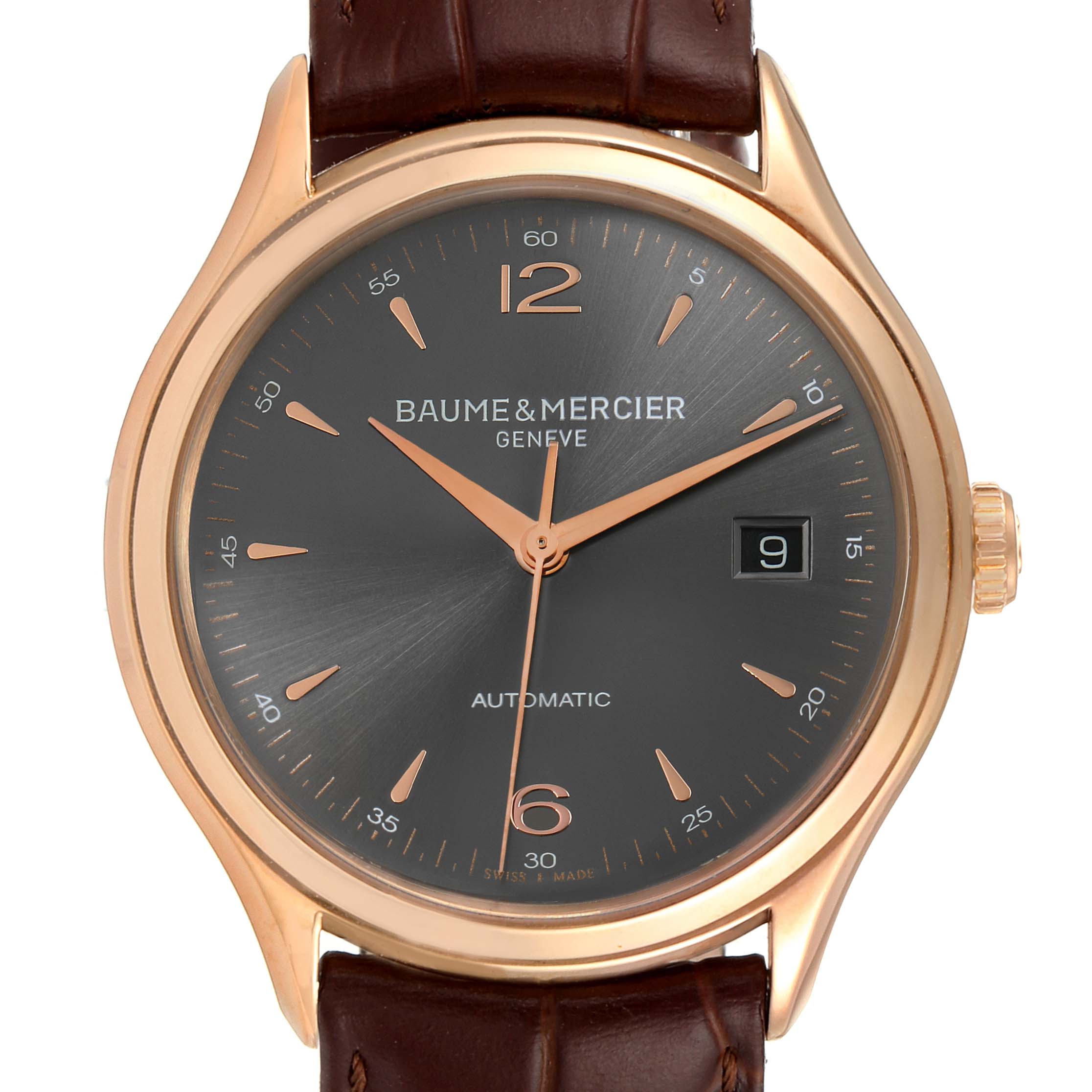 This image shows a front view of a Baume & Mercier Clifton M0A10059 Men's Rose Gold Grey Dial M0A10059 Men's Rose Gold Grey Dial model watch, highlighting the dial, hands, date display, and part of the strap.