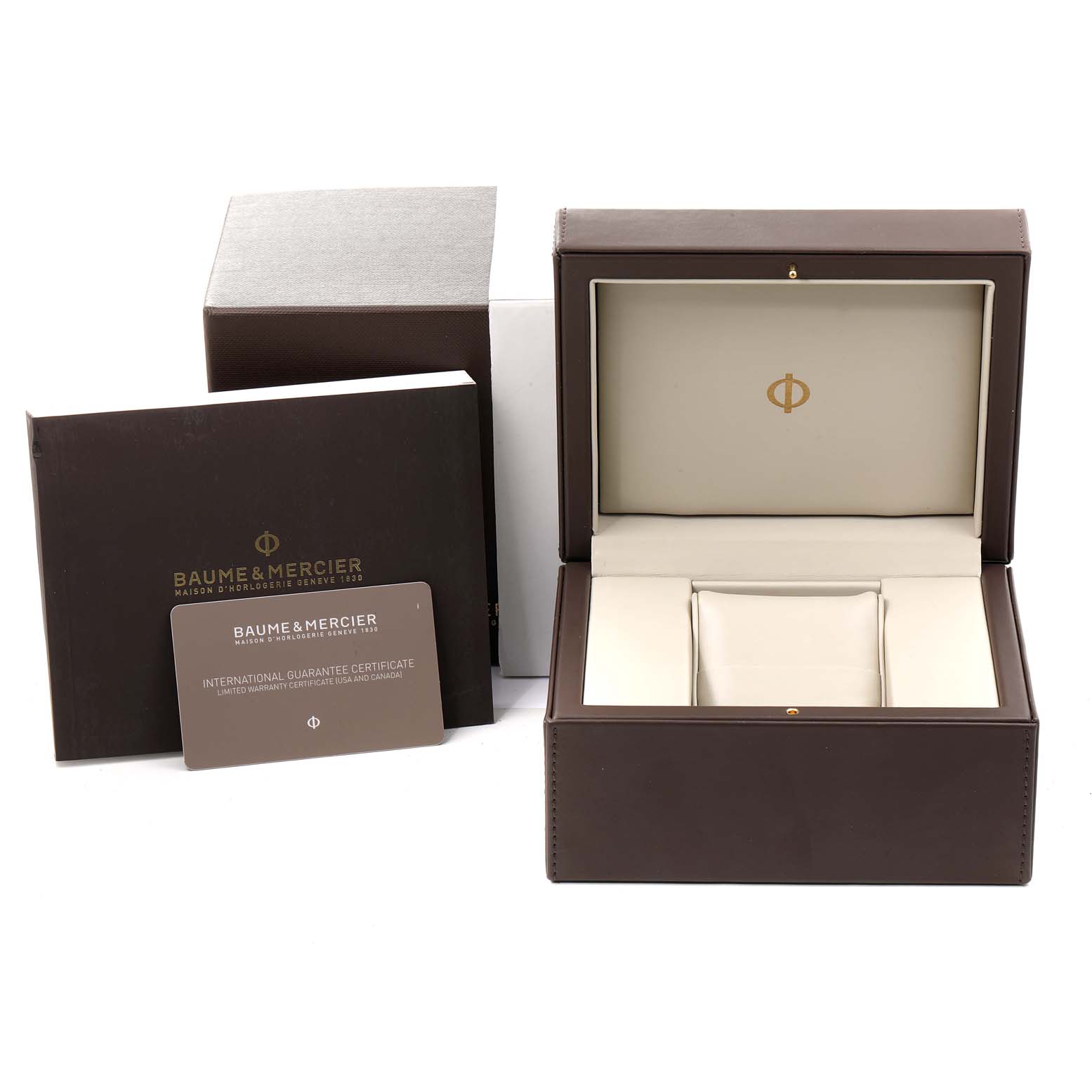 This image shows the packaging and accessories of a Clifton model Baume & Mercier watch, including the watch box and guarantee certificate.