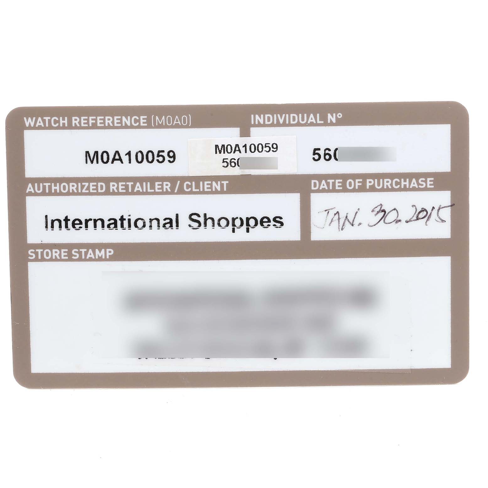 This image shows the warranty card for the Baume & Mercier Clifton M0A10059 Men's Rose Gold Grey Dial M0A10059 Men's Rose Gold Grey Dial model watch, providing reference, retailer, and purchase date details.
