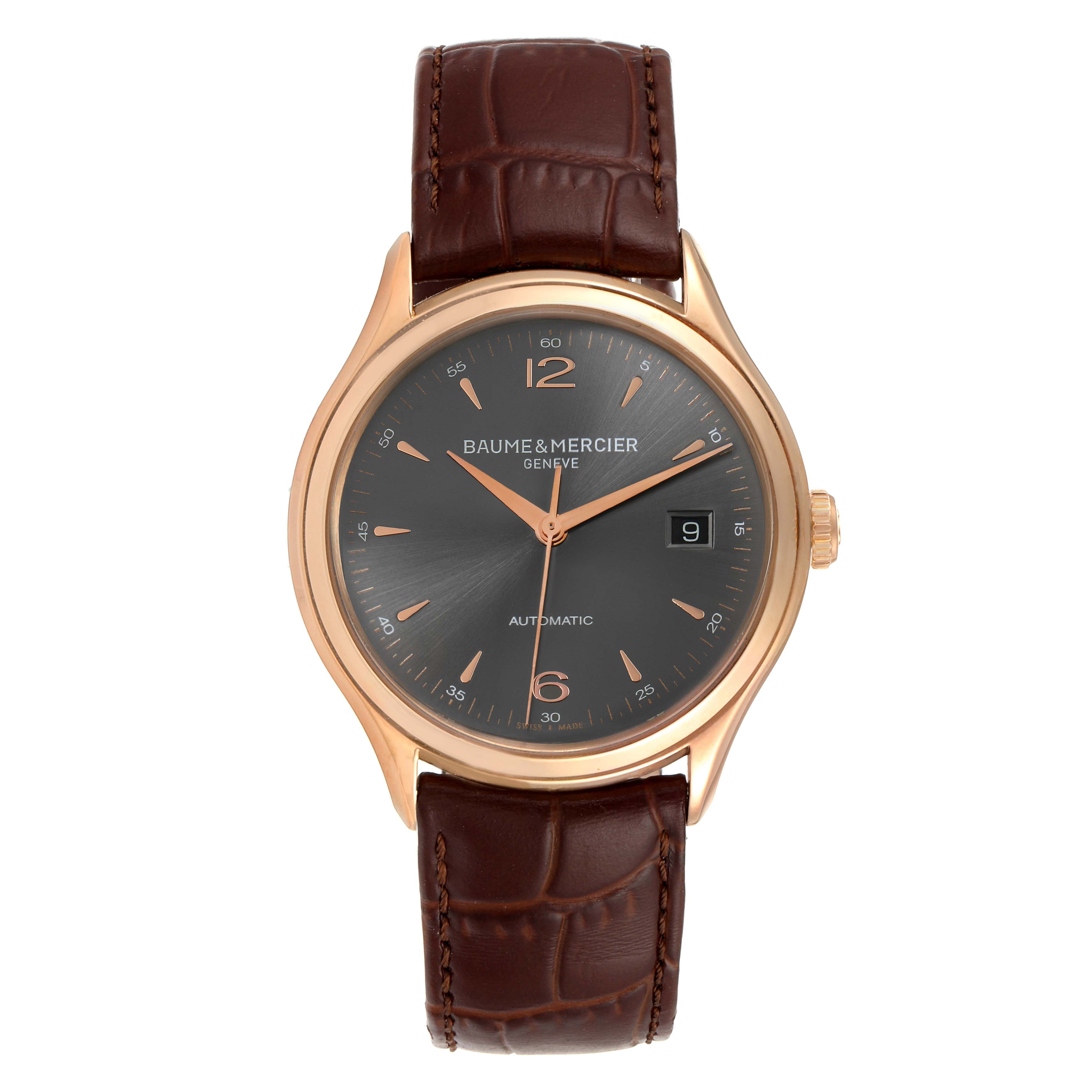 This image shows a front view of the Baume & Mercier Clifton M0A10059 Men's Rose Gold Grey Dial M0A10059 Men's Rose Gold Grey Dial watch, highlighting its dial, hands, date display, and brown leather strap.