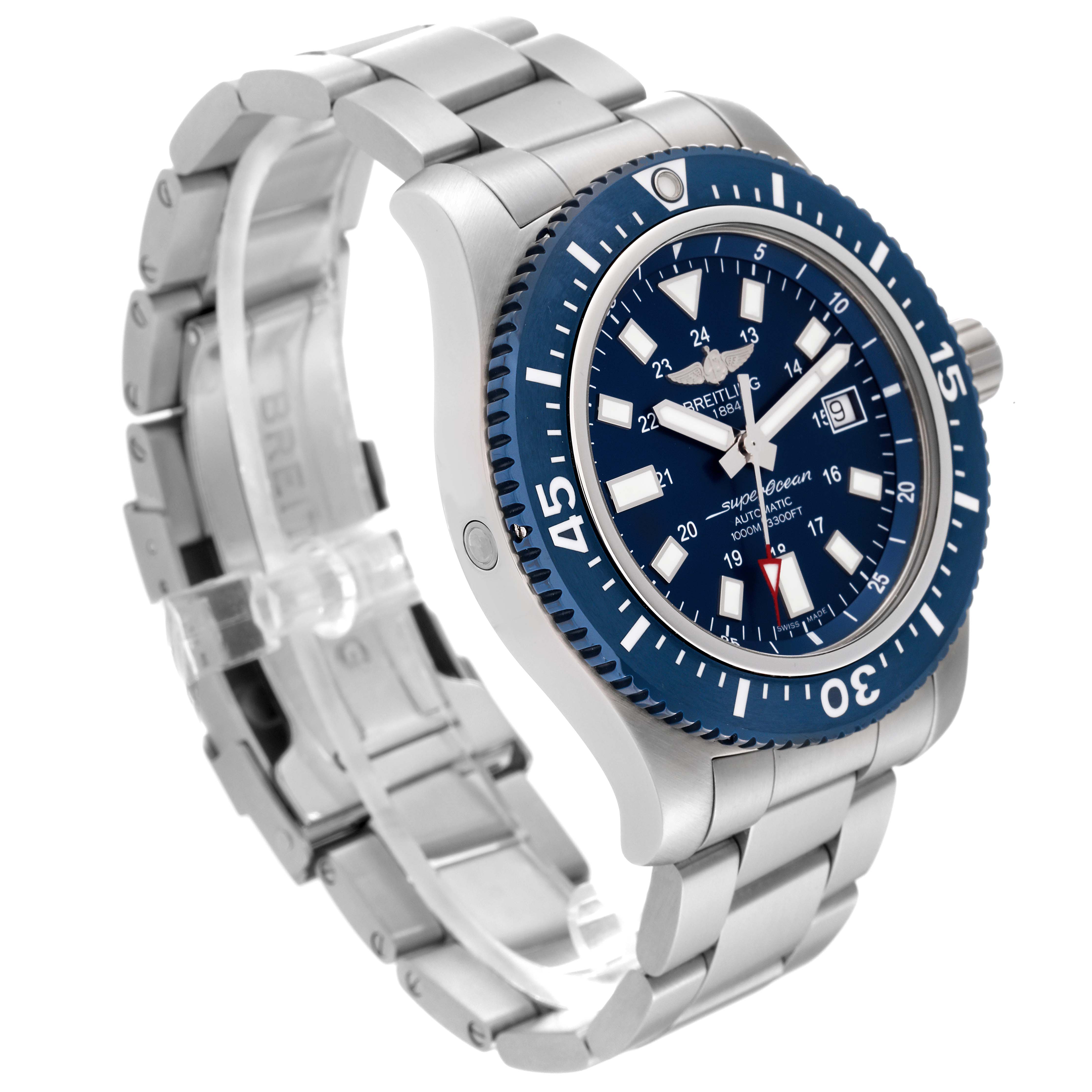The Breitling Superocean Y1739316/C959 Men's Stainless Steel Blue Dial Y1739316/C959 Men's Stainless Steel Blue Dial watch is shown at a three-quarter angle, highlighting its bezel, dial, and metal bracelet.
