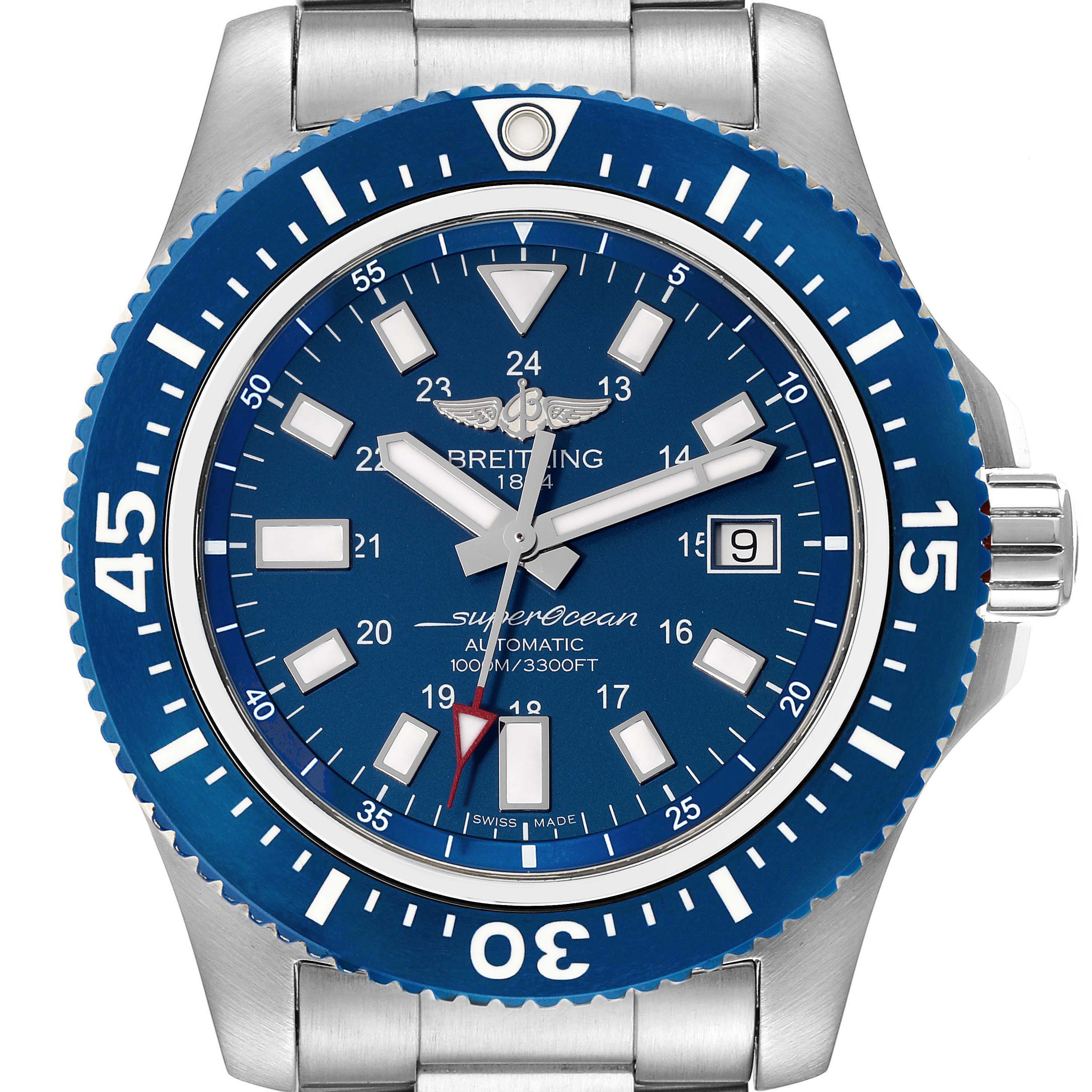 The image shows a front view of a Breitling Superocean Y1739316/C959 Men's Stainless Steel Blue Dial Y1739316/C959 Men's Stainless Steel Blue Dial watch, displaying its dial, bezel, and a portion of the bracelet.