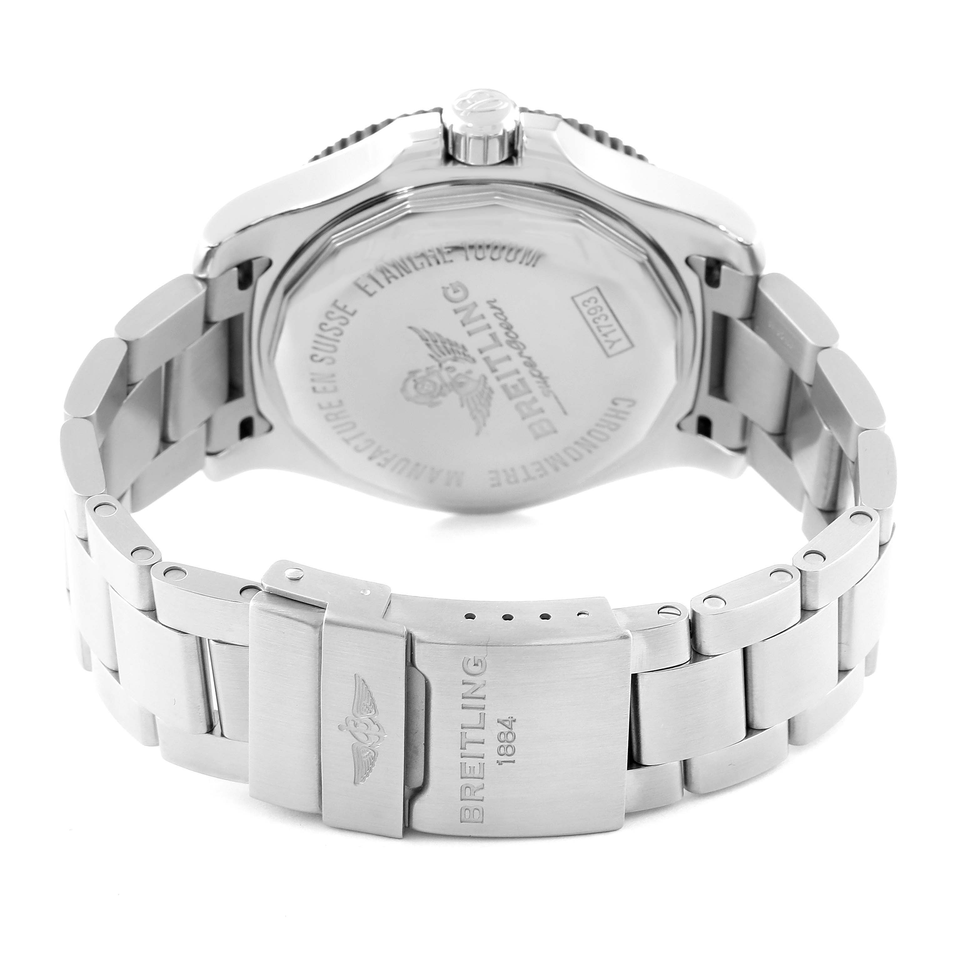 This image shows the back and clasp of the Breitling Superocean Y1739316/C959 Men's Stainless Steel Blue Dial Y1739316/C959 Men's Stainless Steel Blue Dial watch, highlighting the case back and stainless steel bracelet.