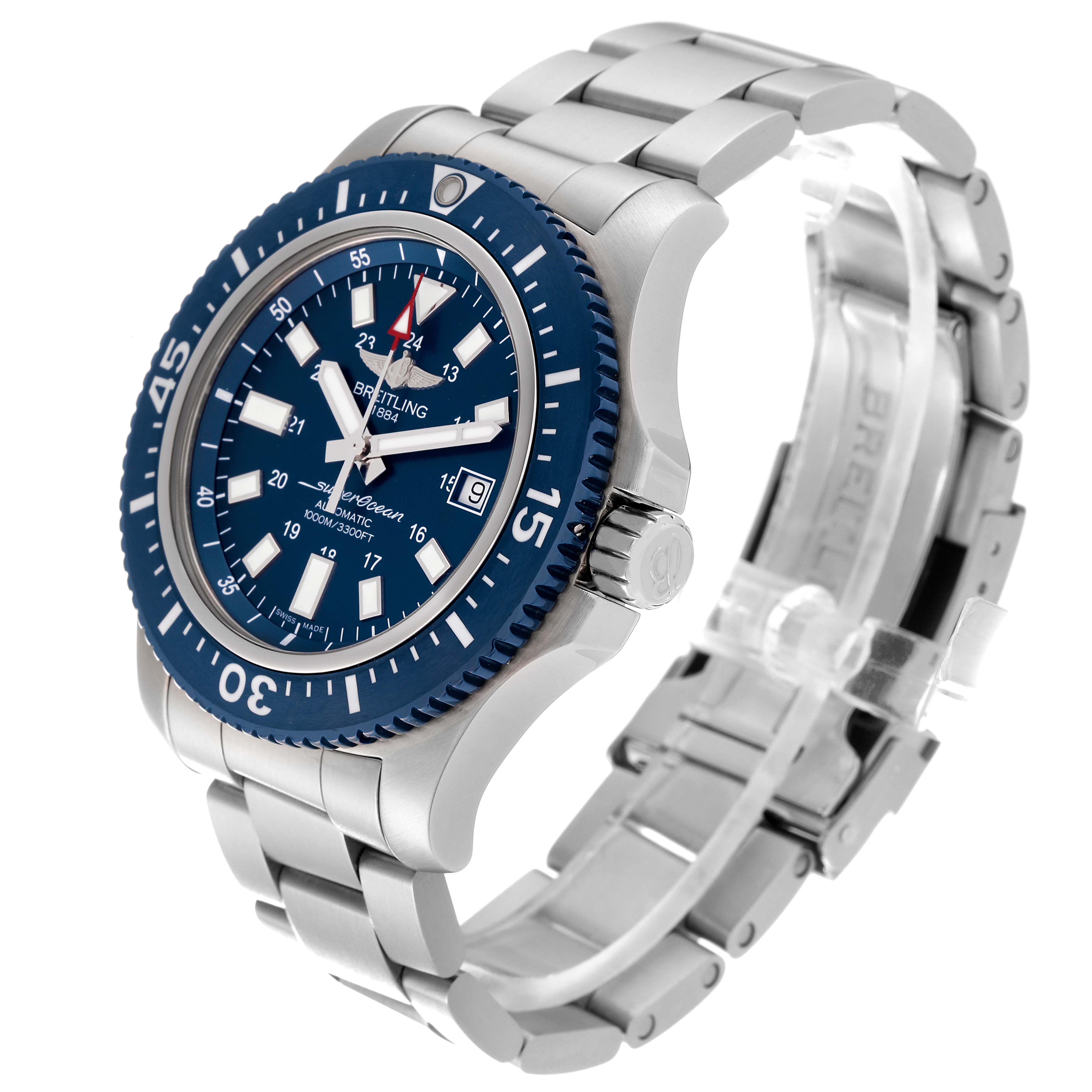 The image shows a Breitling Superocean Y1739316/C959 Men's Stainless Steel Blue Dial Y1739316/C959 Men's Stainless Steel Blue Dial watch from a side angle, highlighting the blue bezel, dial, and metal bracelet.