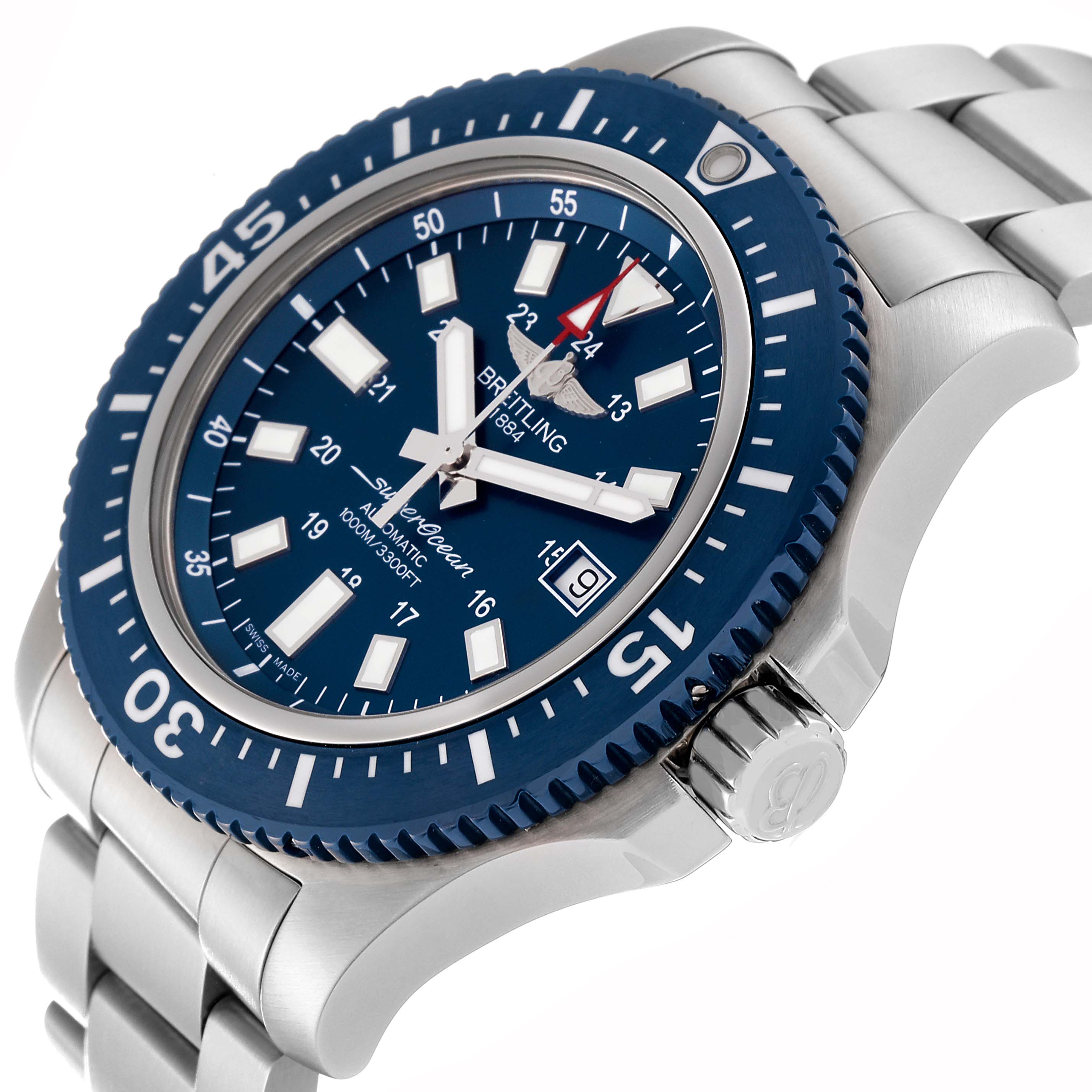 The image shows a side angle of a Breitling Superocean Y1739316/C959 Men's Stainless Steel Blue Dial Y1739316/C959 Men's Stainless Steel Blue Dial watch, highlighting its blue dial, bezel, and metal bracelet.