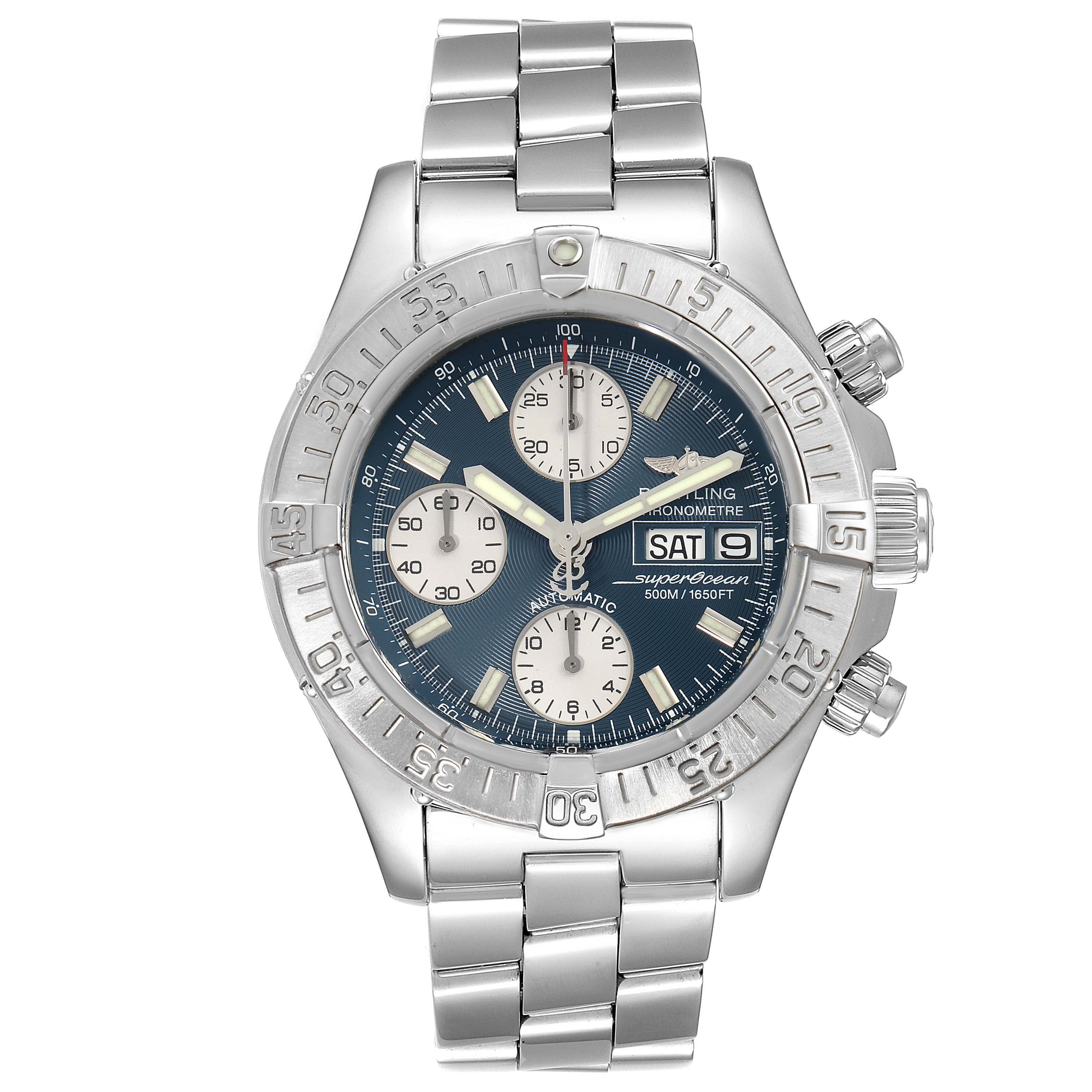This image shows the front view of the Breitling Superocean A13340 Men
s Stainless Steel Blue Dial A13340 Men
s Stainless Steel Blue Dial watch, including its dial, bezel, and metal bracelet.