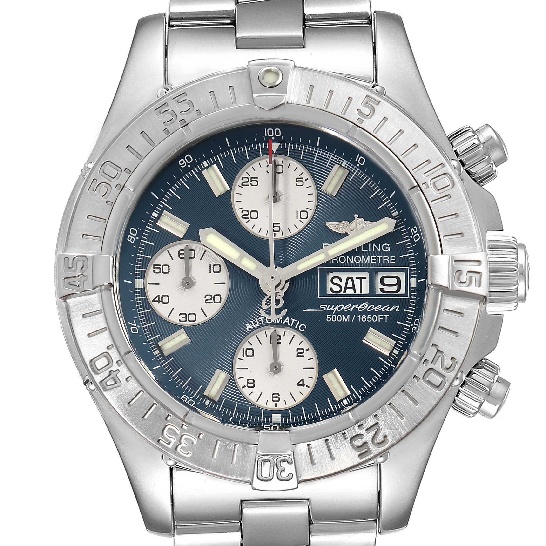 This image shows a Breitling Superocean A13340 Men
s Stainless Steel Blue Dial A13340 Men
s Stainless Steel Blue Dial watch from a front-on angle, highlighting the blue dial, stainless steel bezel, and band.