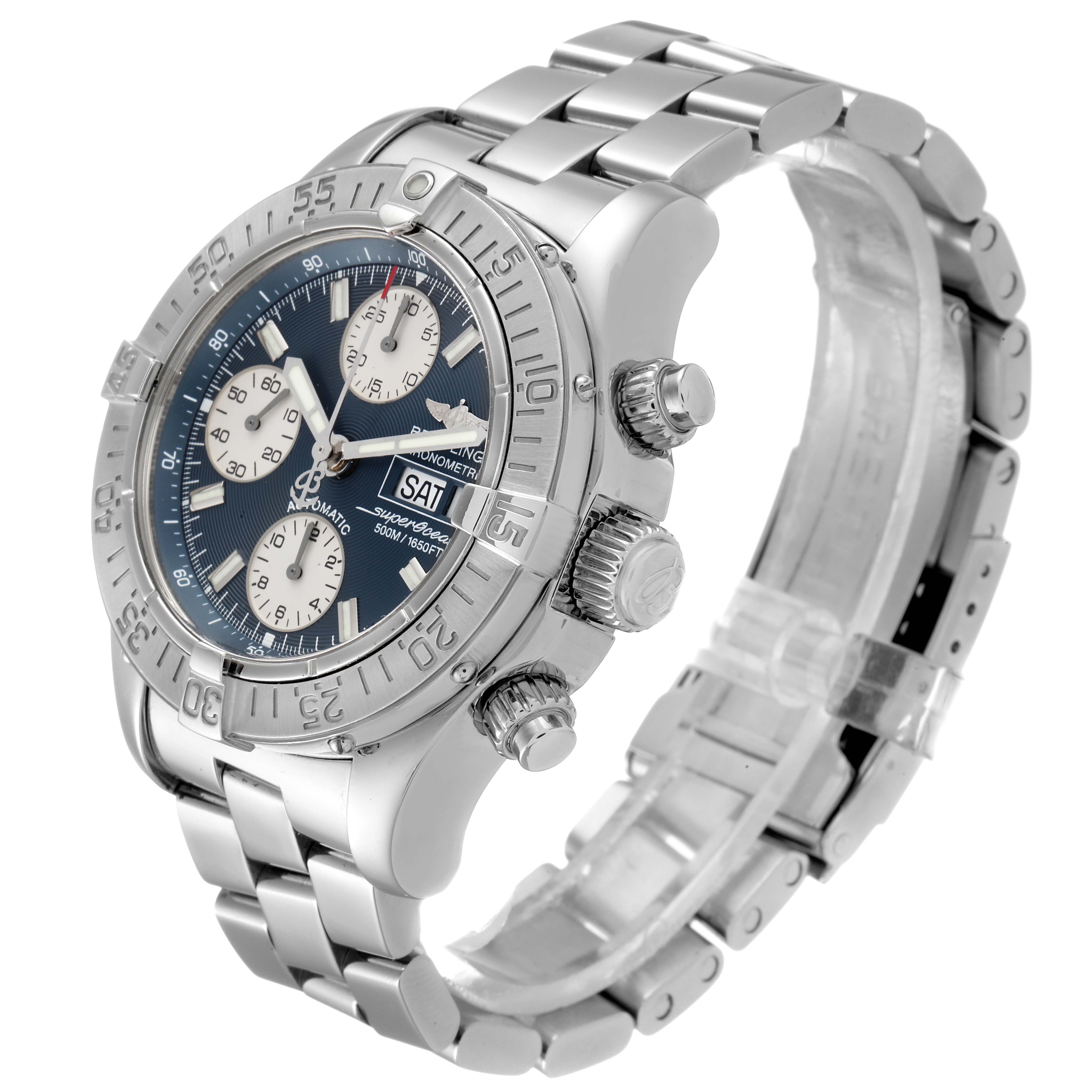 This image shows a Breitling Superocean A13340 Men
s Stainless Steel Blue Dial A13340 Men
s Stainless Steel Blue Dial watch at a three-quarter angle, highlighting the dial, bezel, crown, and bracelet.