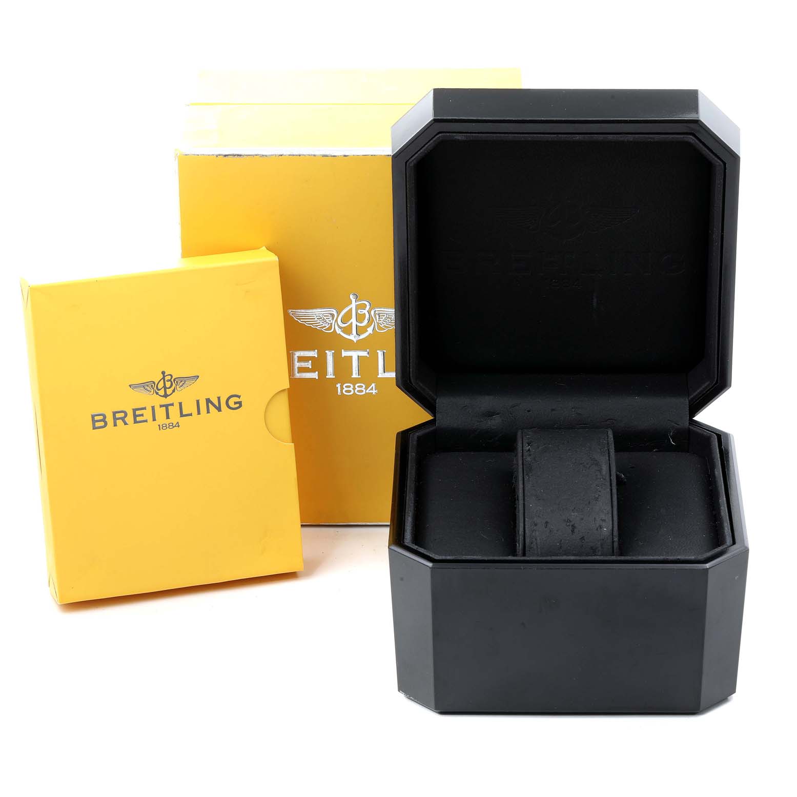 The image shows the packaging for a Breitling Superocean A13340 Men
s Stainless Steel Blue Dial A13340 Men
s Stainless Steel Blue Dial watch, including a black watch box and two yellow Breitling-branded boxes.