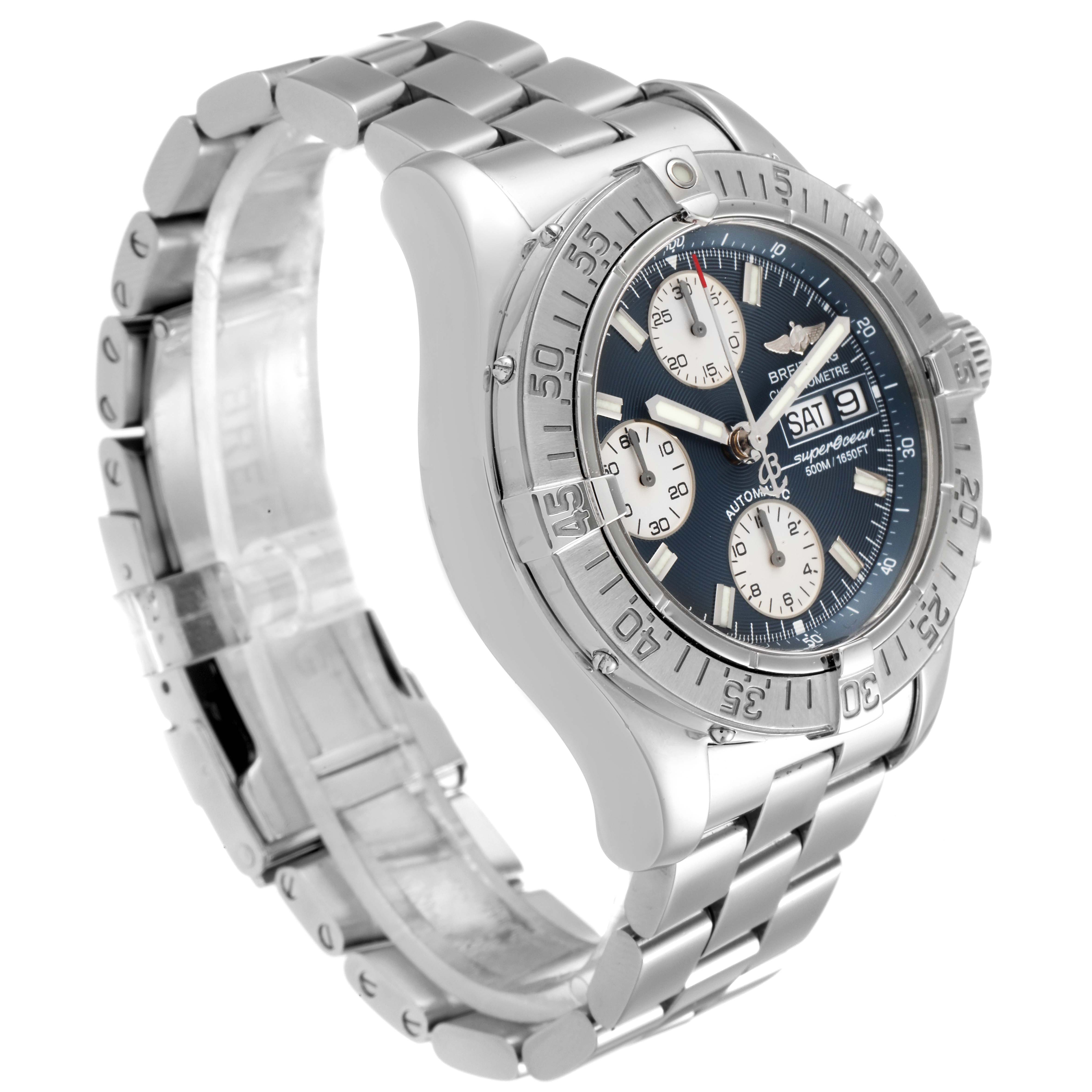 A Breitling Superocean A13340 Men
s Stainless Steel Blue Dial A13340 Men
s Stainless Steel Blue Dial watch is shown at an angled view, highlighting its stainless steel bracelet, bezel, and face with detailed subdials.