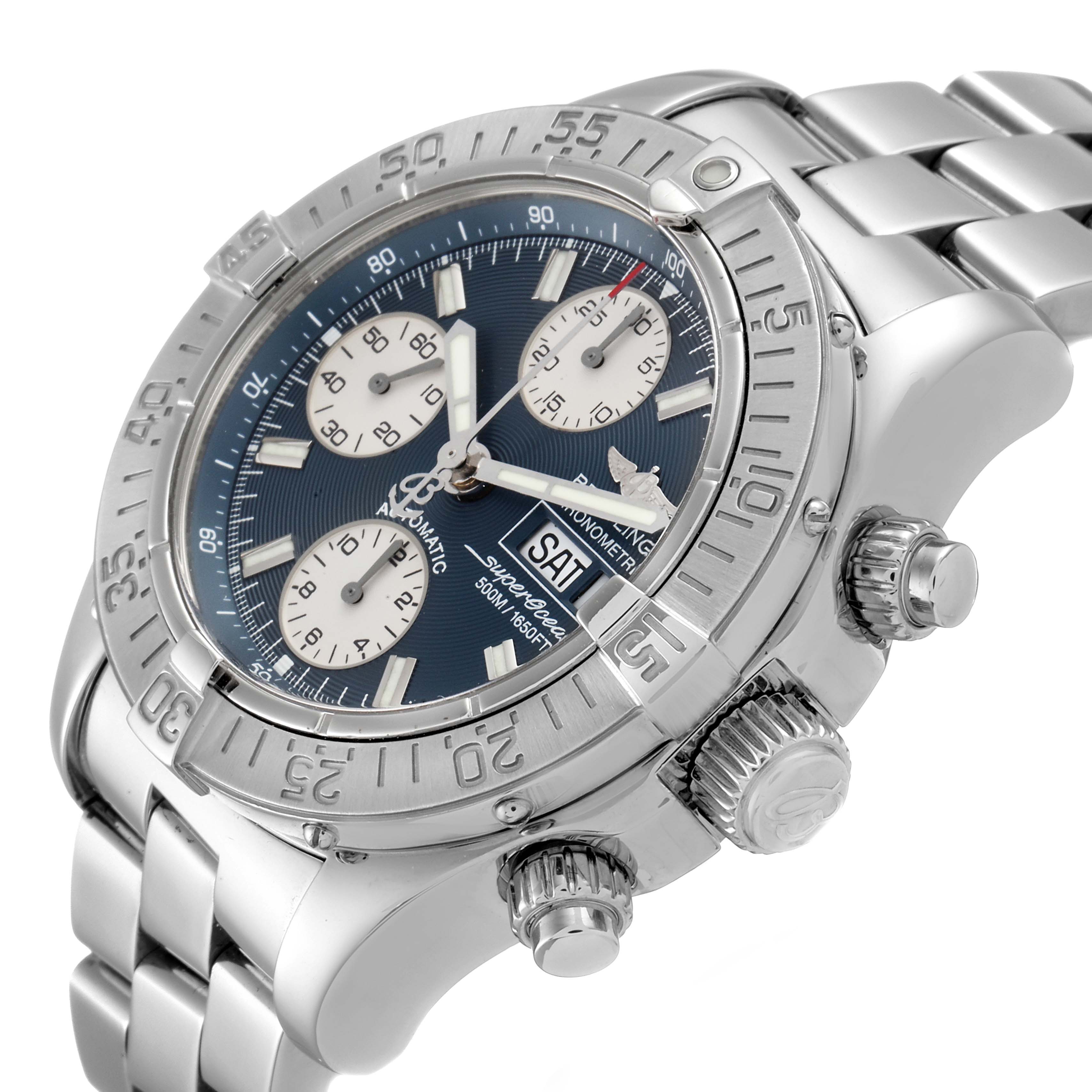 The image shows a Breitling Superocean A13340 Men
s Stainless Steel Blue Dial A13340 Men
s Stainless Steel Blue Dial watch at an angle, highlighting the dial, bezel, and stainless steel bracelet.