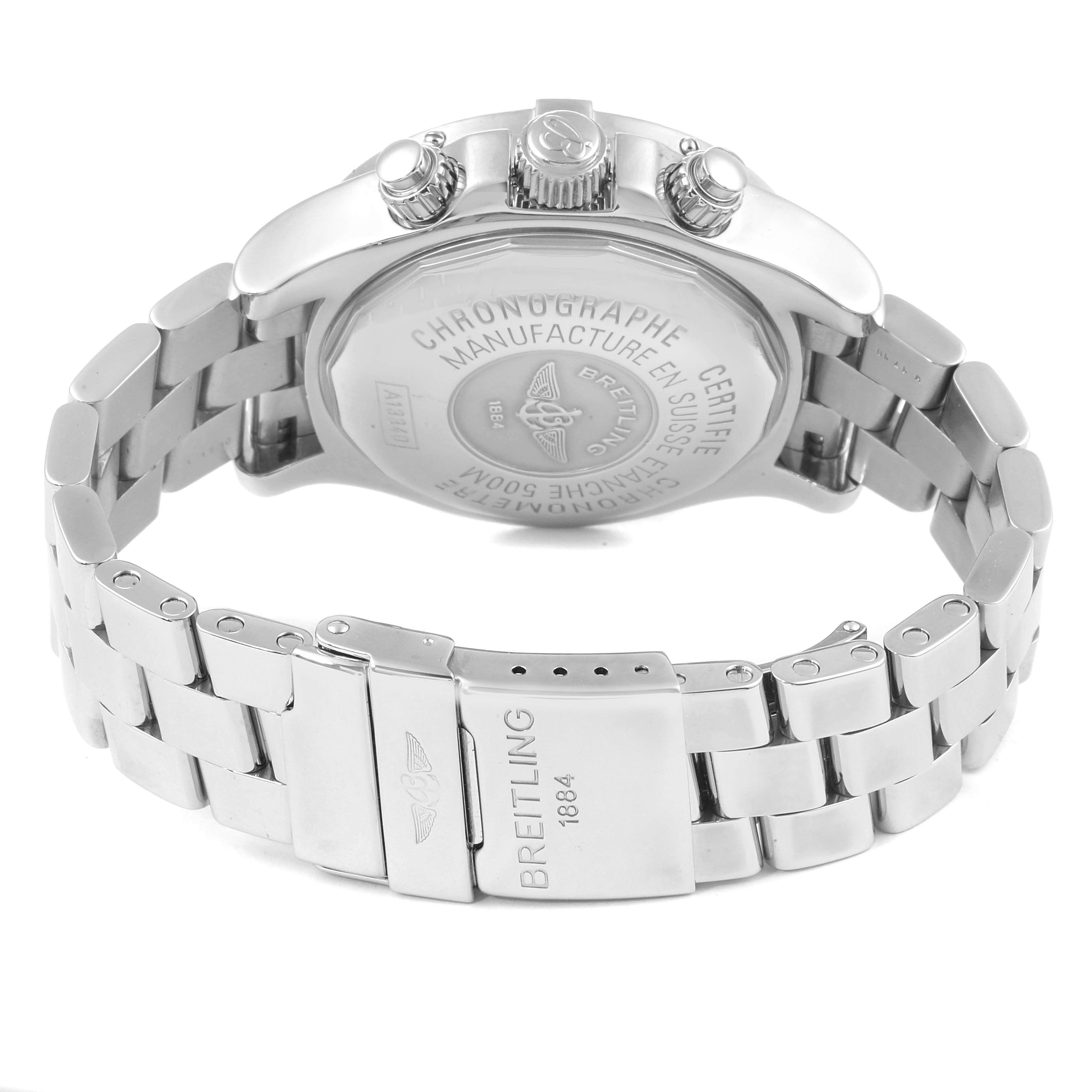 The image shows the back and side view of the Breitling Superocean A13340 Men
s Stainless Steel Blue Dial A13340 Men
s Stainless Steel Blue Dial watch, highlighting the engraved case back and metal bracelet.