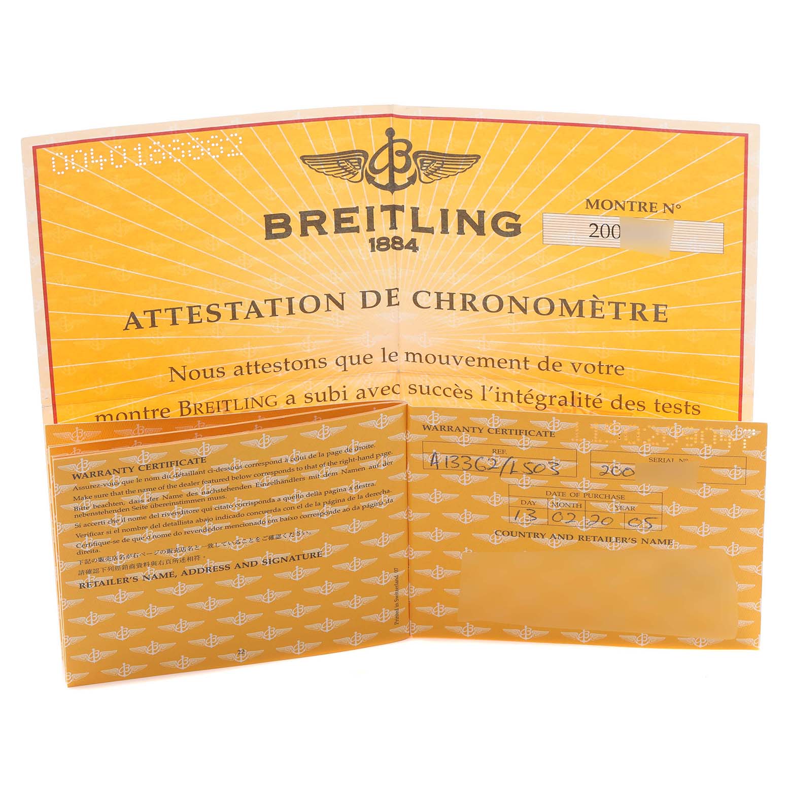 This image shows the warranty certificate and chronometer attestation for a Breitling Bentley A1336212/L503-SS Men's Stainless Steel Green Dial A1336212/L503-SS Men's Stainless Steel Green Dial watch.