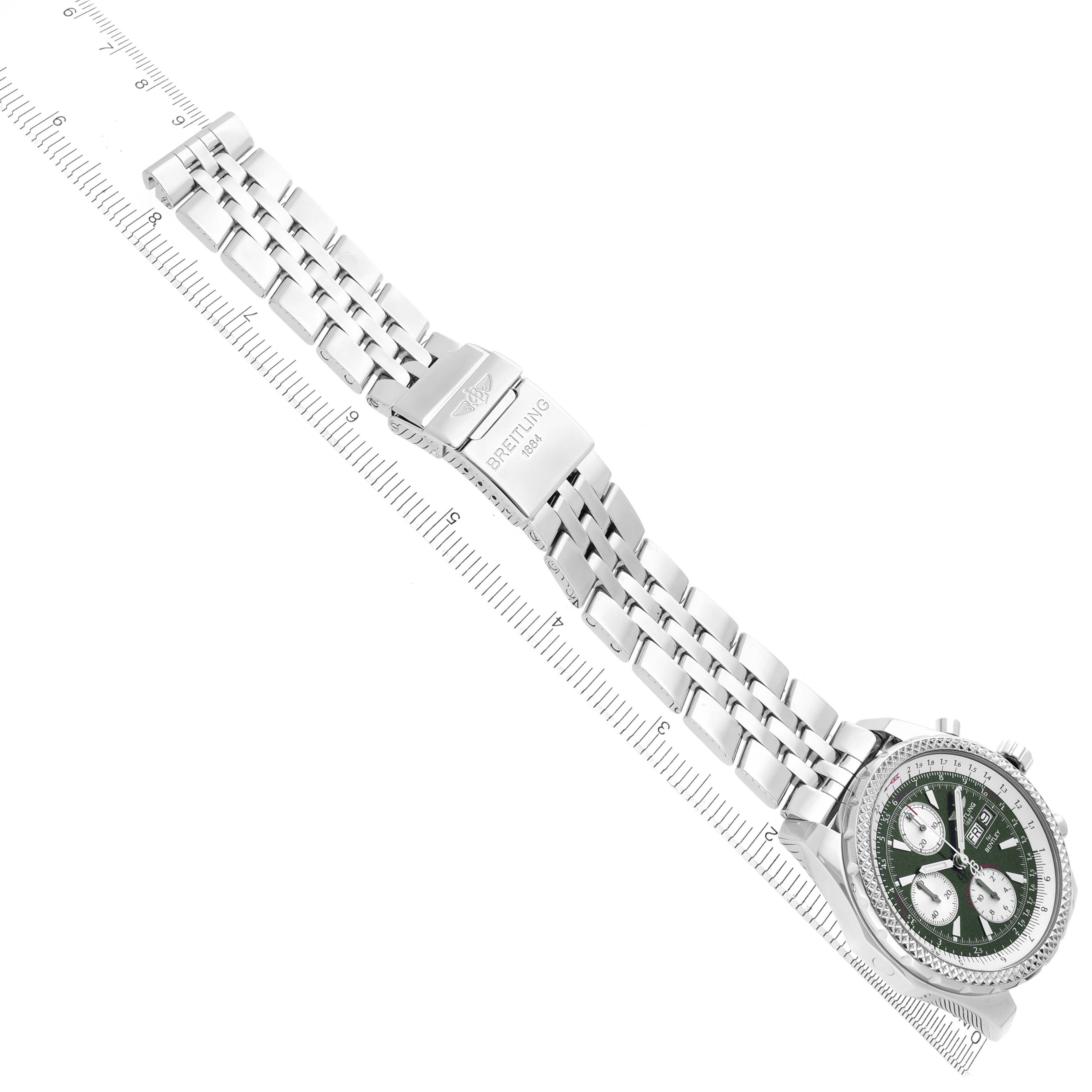 The Breitling Bentley A1336212/L503-SS Men's Stainless Steel Green Dial A1336212/L503-SS Men's Stainless Steel Green Dial watch is shown at a diagonal angle, highlighting the bracelet, clasp, and green dial.