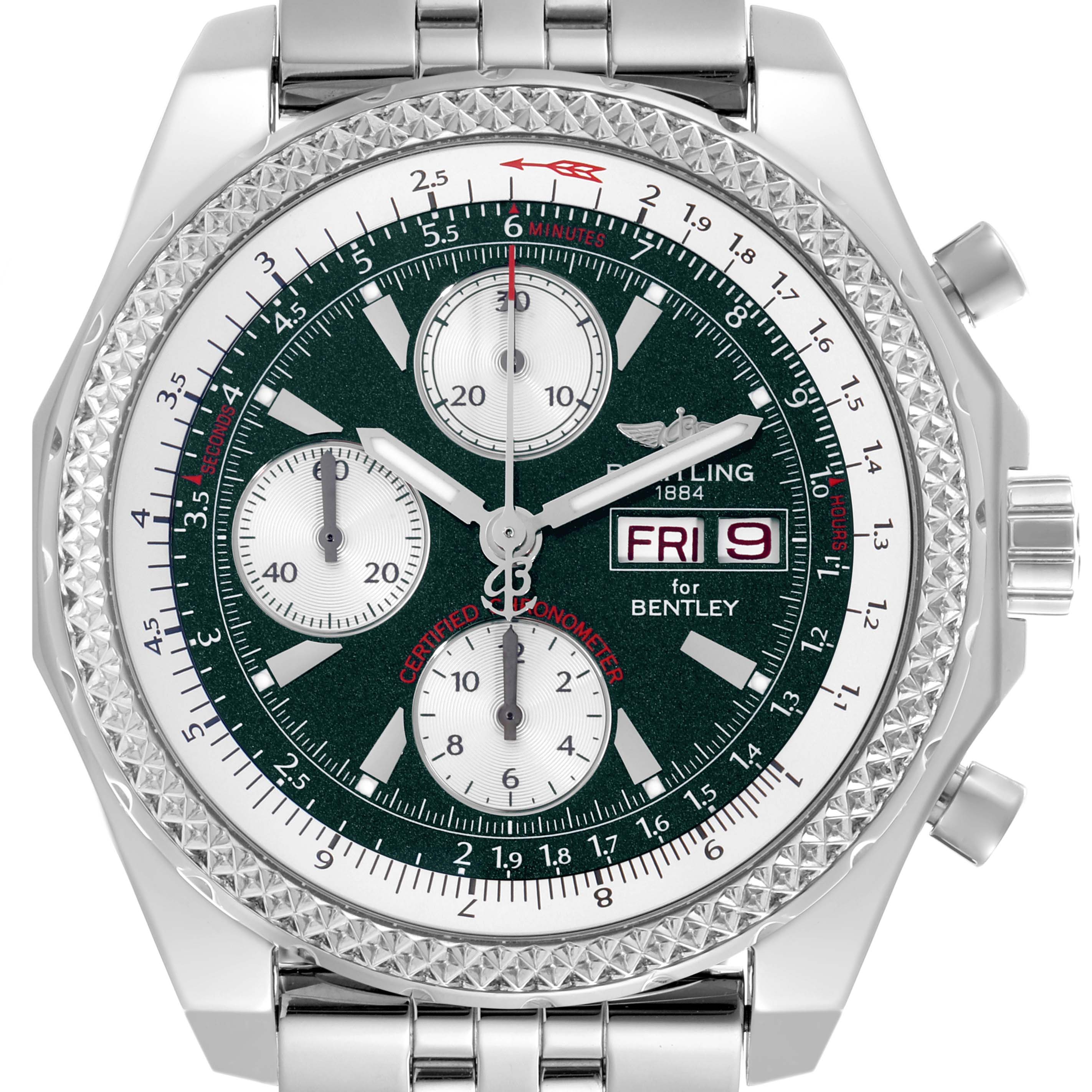 The Breitling Bentley A1336212/L503-SS Men's Stainless Steel Green Dial A1336212/L503-SS Men's Stainless Steel Green Dial watch is shown from a front view, displaying its dial, bezel, and bracelet.