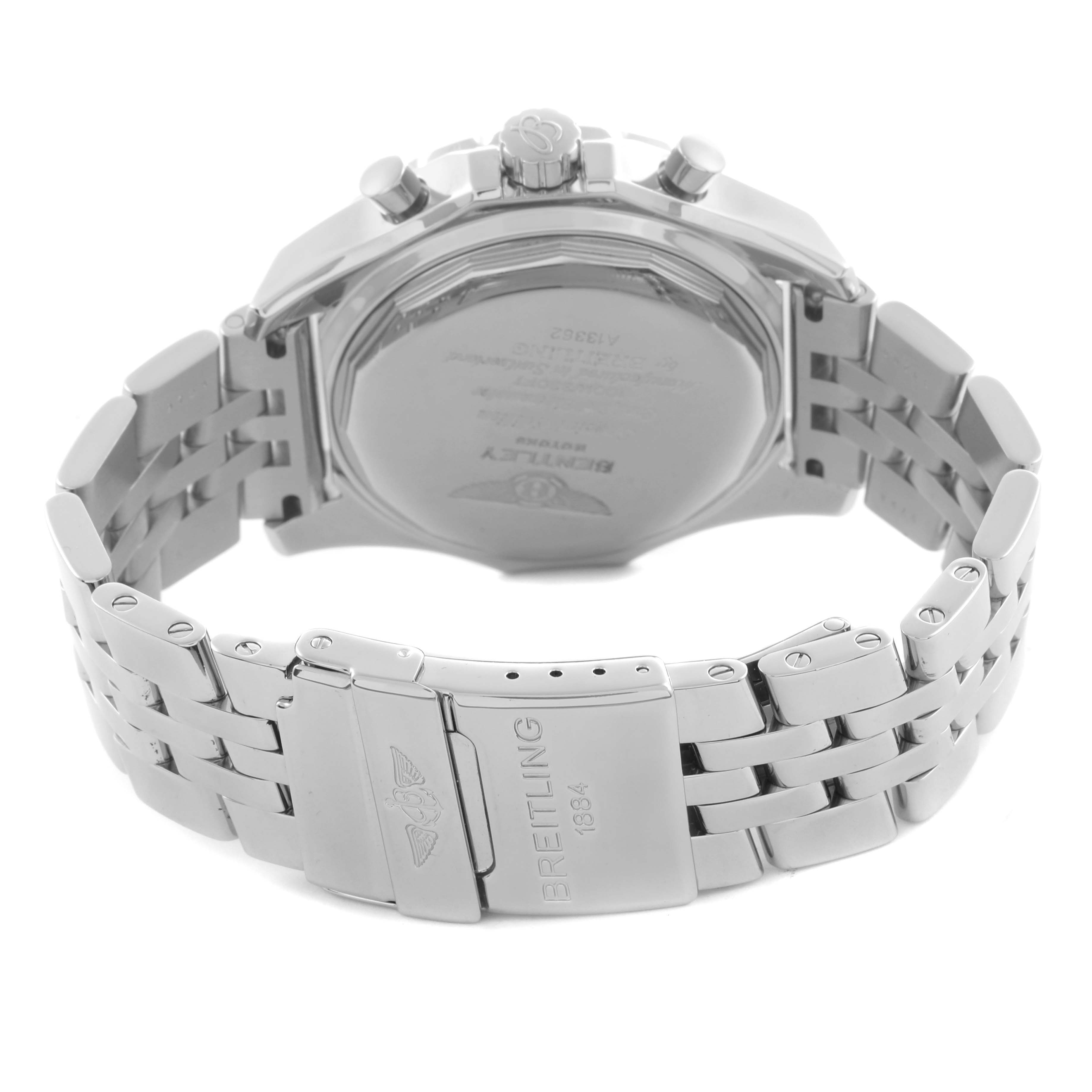 The image shows the back and clasp of a Bentley model by Breitling, highlighting the bracelet and engraved case-back.