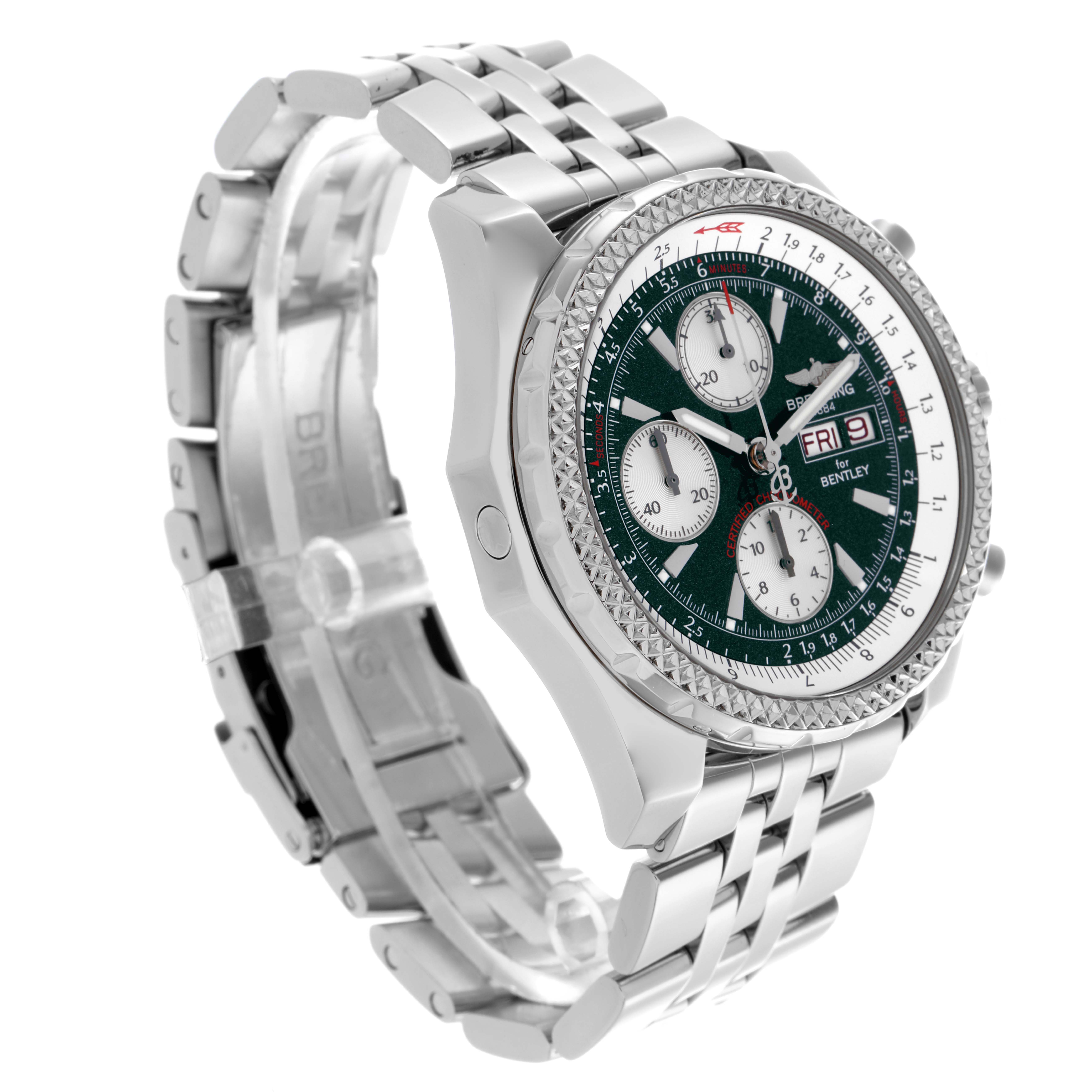 The Breitling Bentley A1336212/L503-SS Men's Stainless Steel Green Dial A1336212/L503-SS Men's Stainless Steel Green Dial watch is shown at a three-quarter angle, displaying the face, bezel, and bracelet clearly.