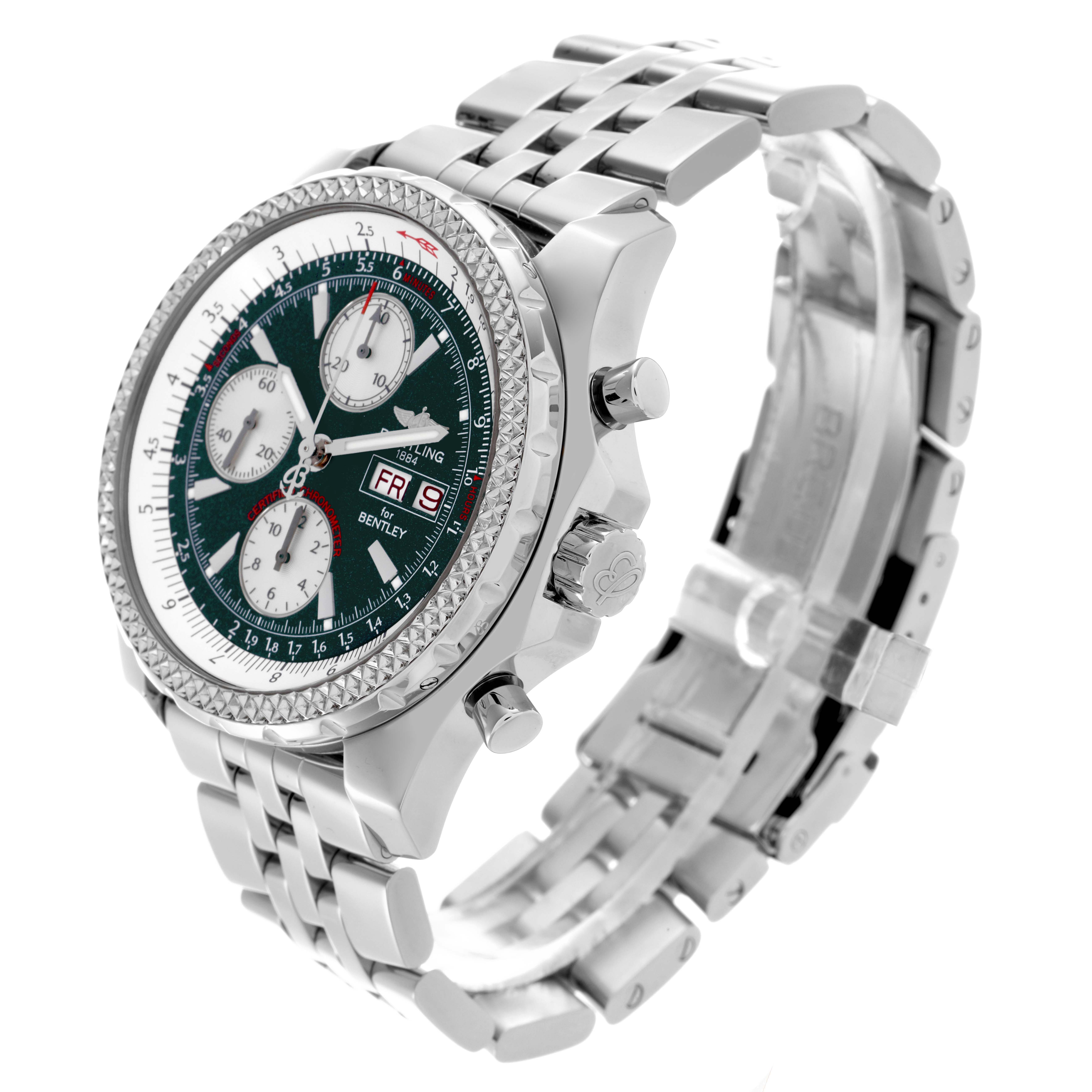 The Bentley model by Breitling is viewed from a front-side angle, showing the bezel, dial, chronograph buttons, and metal bracelet.